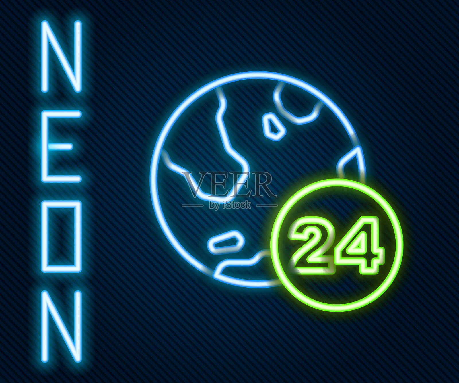 发光的霓虹线电话24小时支持图标孤立的黑色背景。全天候客户支持呼叫中心。全职呼叫服务。色彩缤纷的轮廓概念。向量插画图片素材