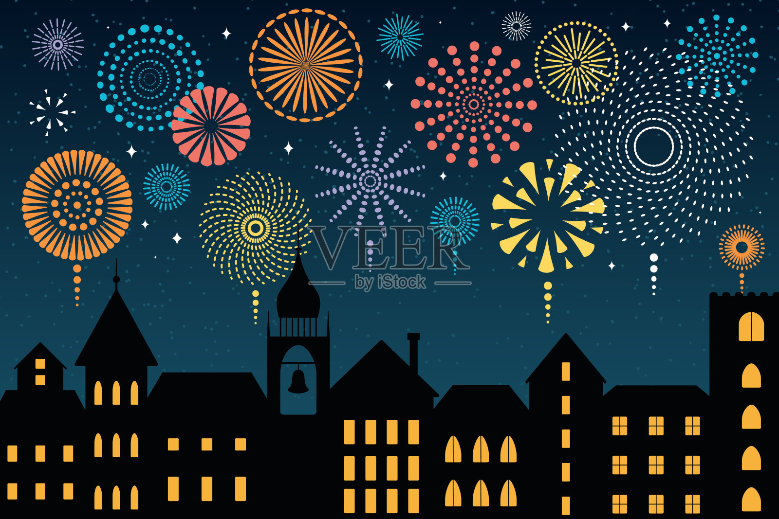 城市夜空中五彩缤纷的烟花插画图片素材