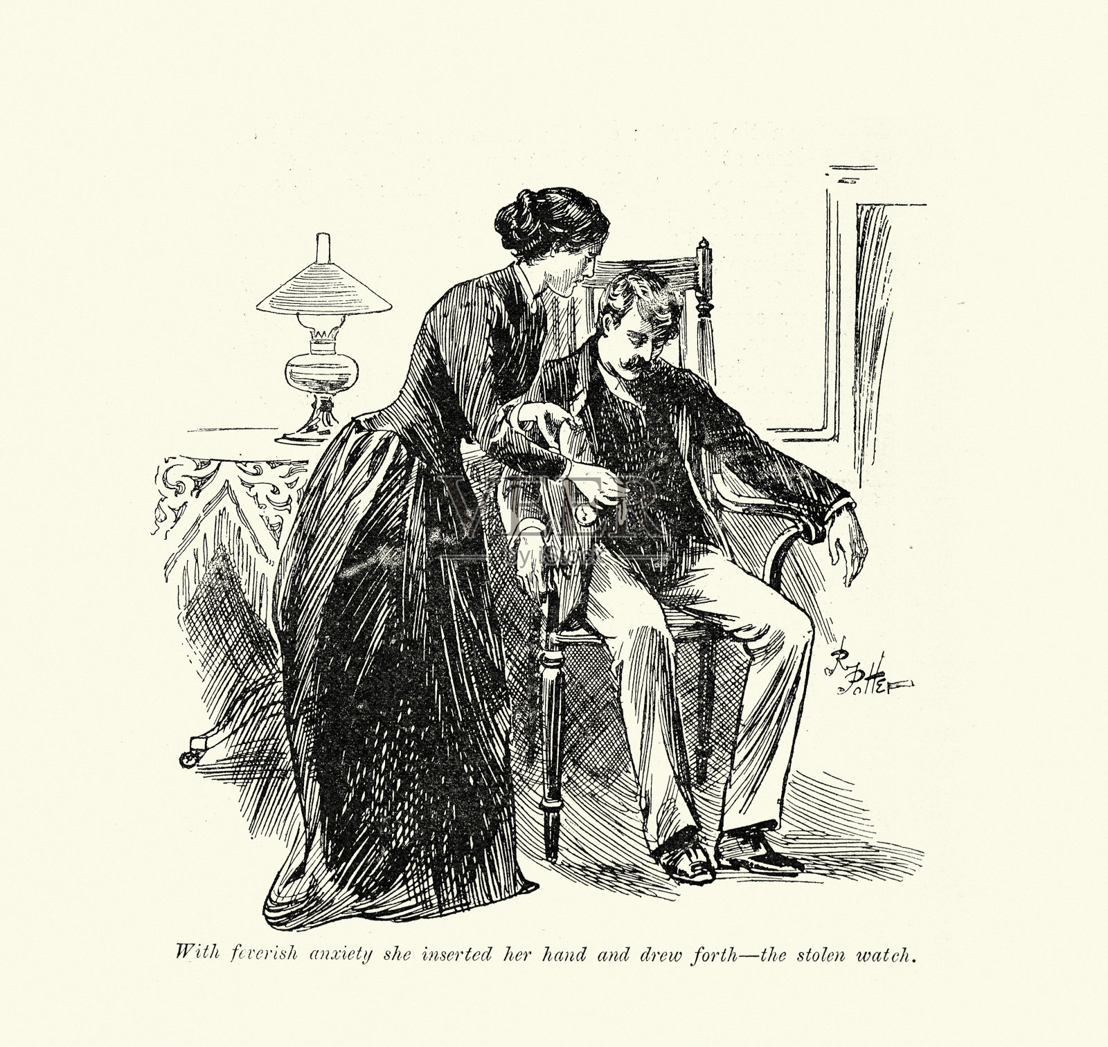女人从睡觉的男人那里偷怀表，扒手，小偷，19世纪90年代，维多利亚时代插画图片素材