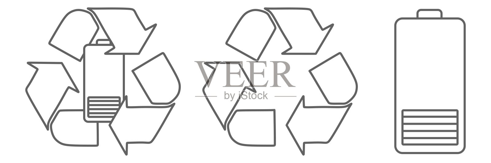 电池，充电，低，警告和回收标志。图标集。线矢量隔离在白色背景上。节约地球和循环利用的理念。线性向量集合插画图片素材