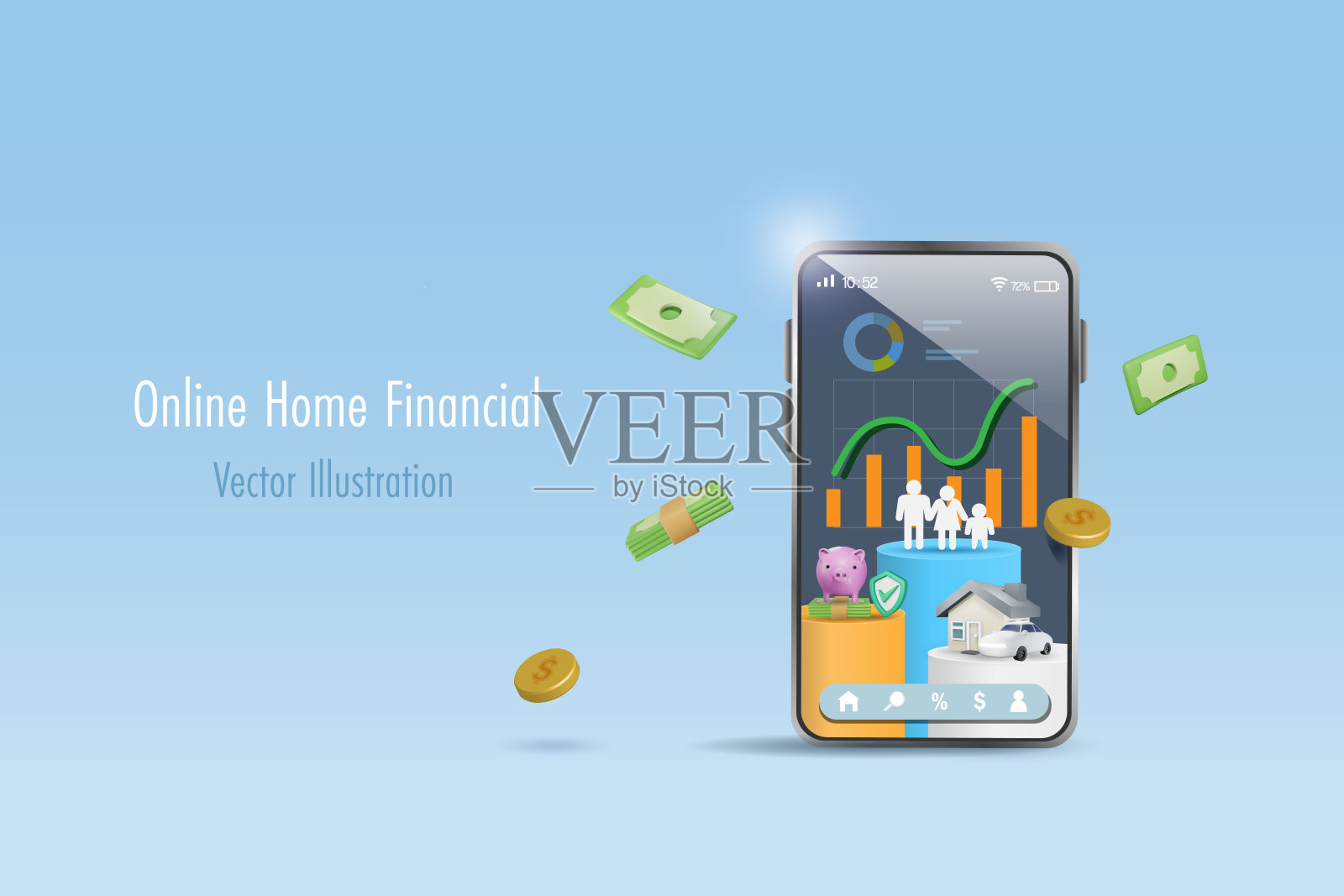 智能手机屏幕上的在线家庭金融应用程序。金融服务技术通过分析财产图和安全理财计划来管理家庭预算。三维向量。插画图片素材