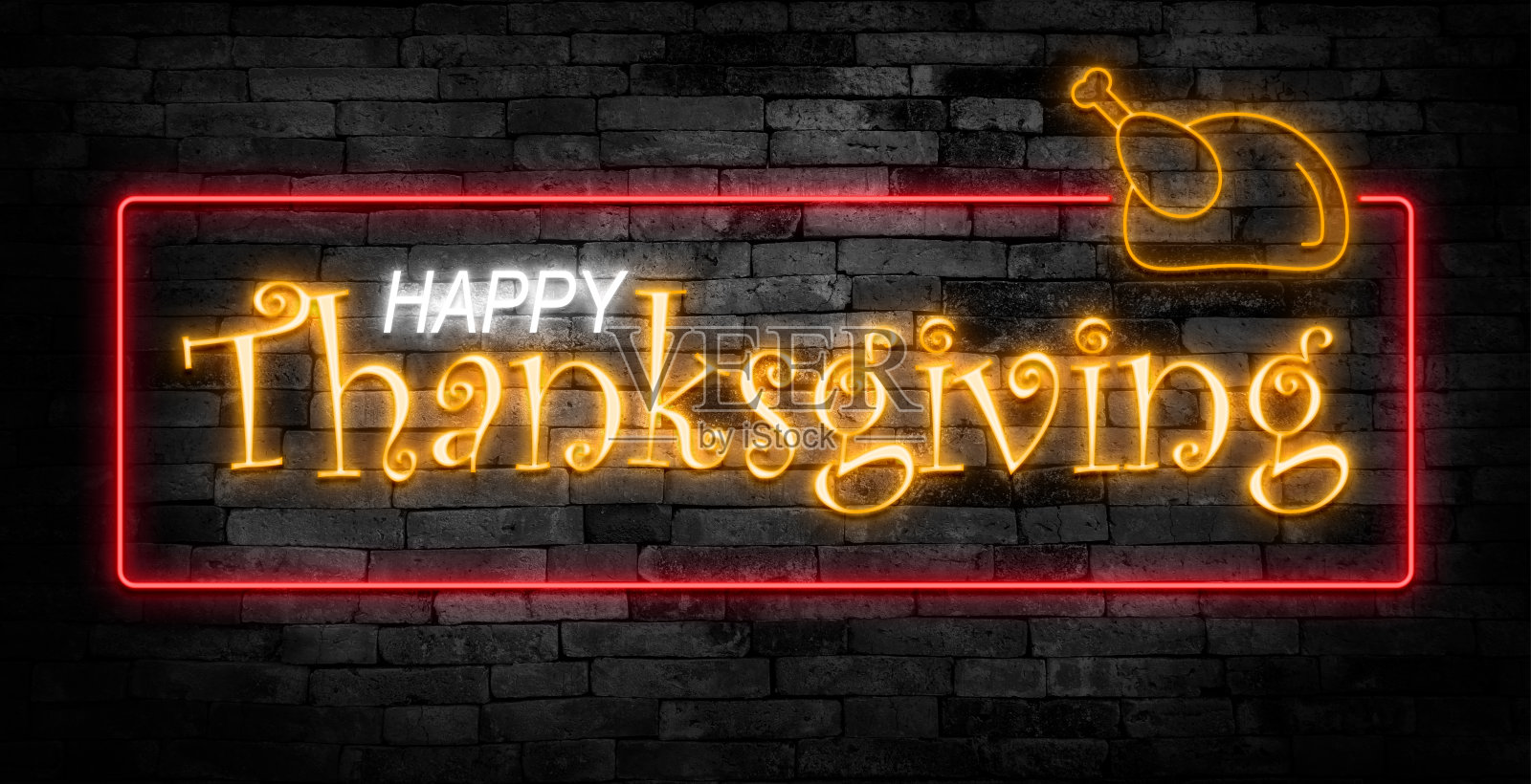 矢量现实孤立的霓虹灯标志感恩节字母装饰和覆盖在墙上的背景。感恩节快乐的概念。照片摄影图片
