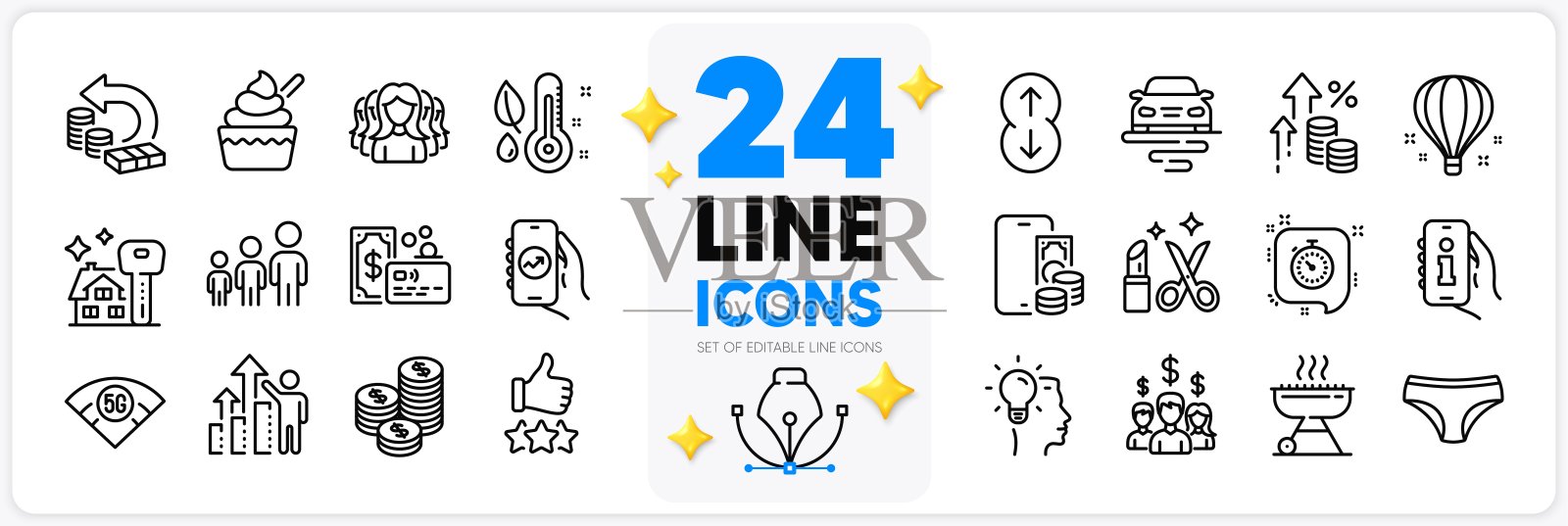 冰淇淋、5G无线网络和向下滚动线性图标集，用于网页应用程序矢量插画图片素材