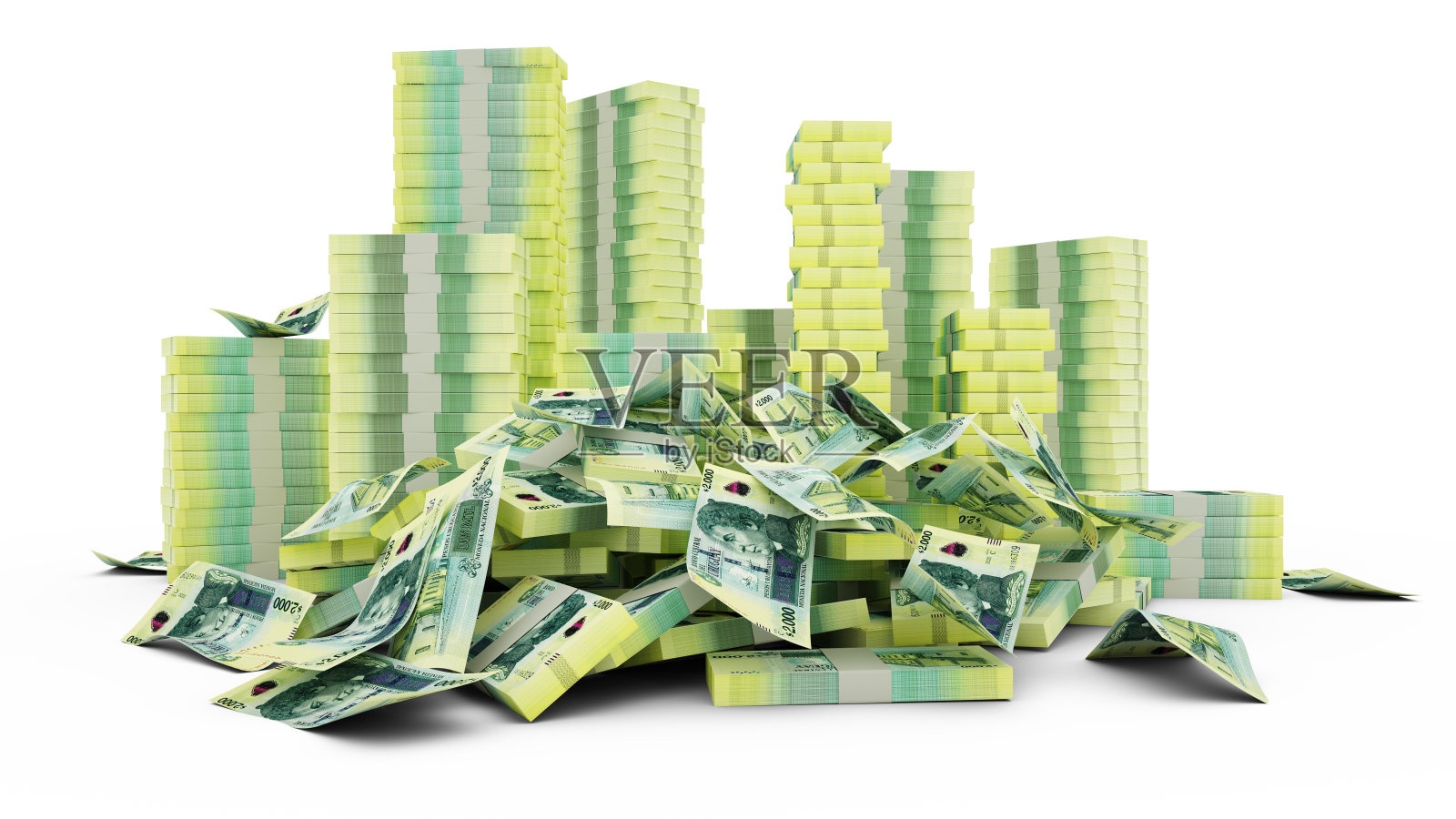 成堆的乌拉圭比索钞票。大量的钱被隔离在白色的背景上。捆绑现金的3d渲染照片摄影图片