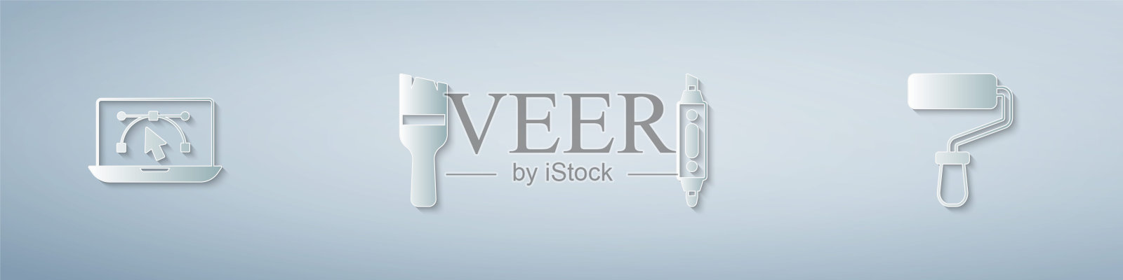 配备电脑、设计程序、画笔、记号笔、滚筒。纸艺风格。向量插画图片素材