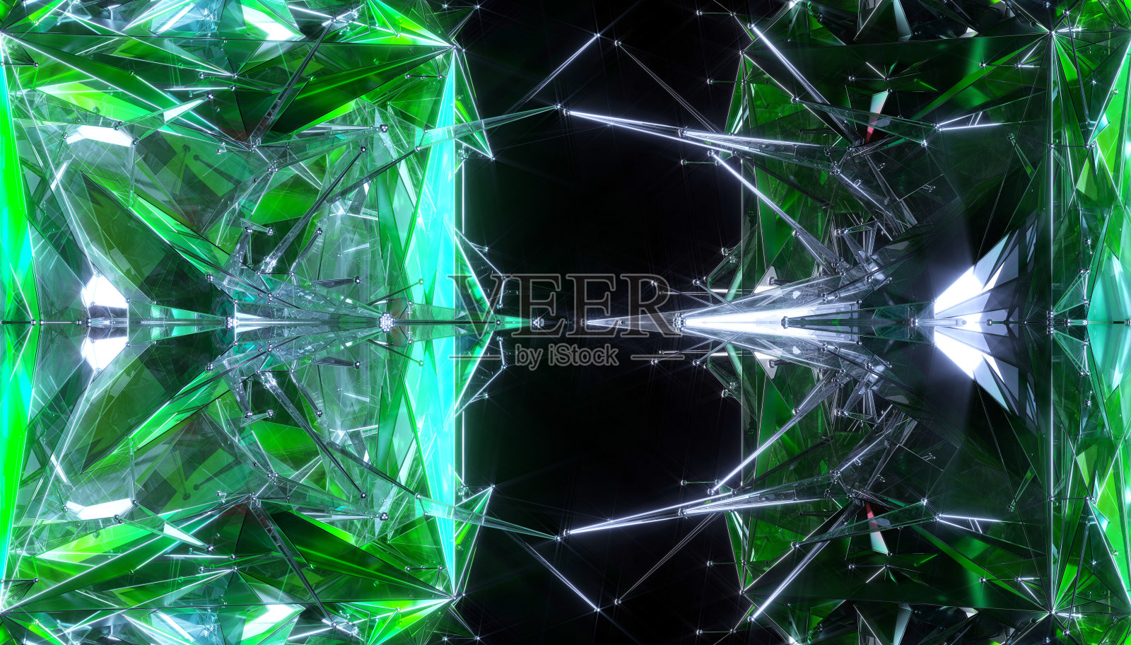 三维背景与部分超现实外星分形钻石晶体在立方体形状的祖母绿颜色基于对称三角形在黑色背景照片摄影图片