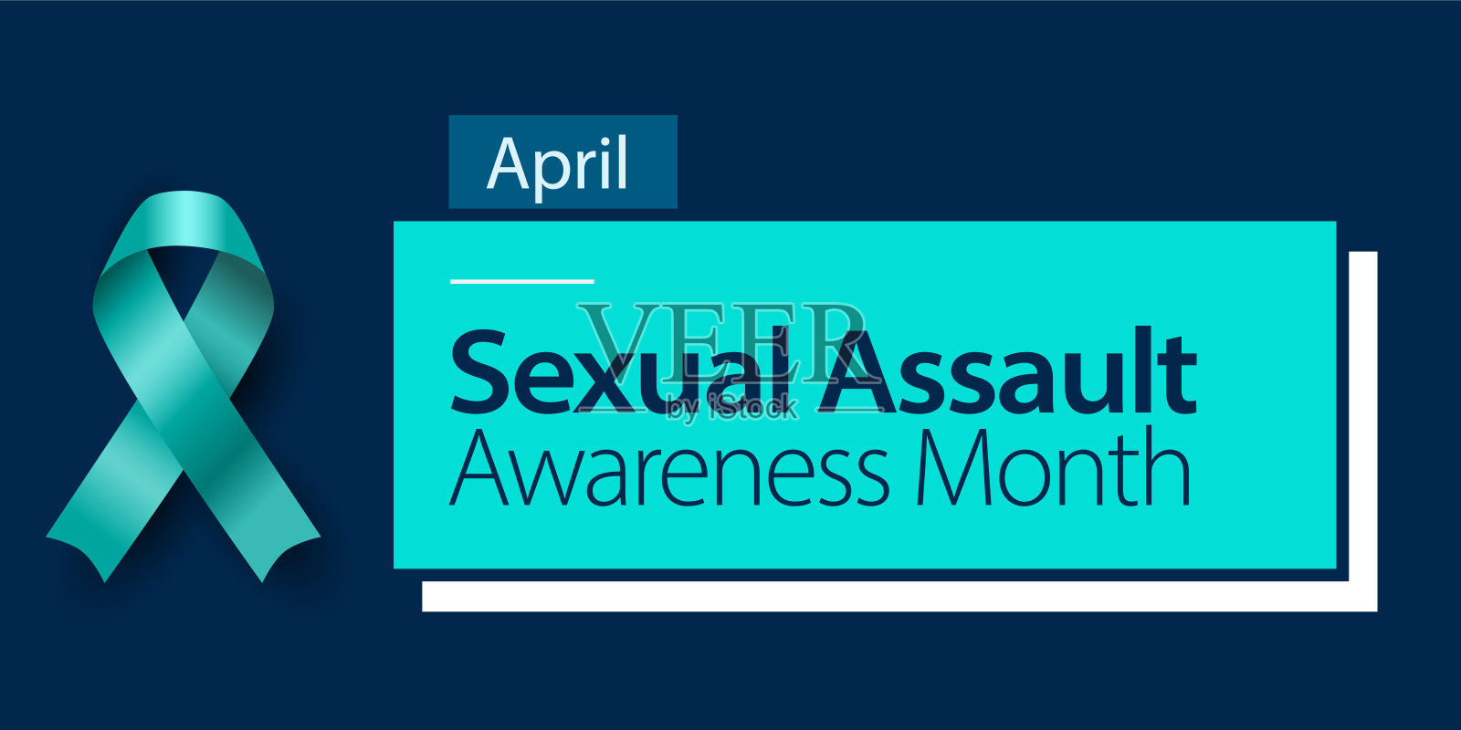 性侵犯意识月。深蓝色背景上的蓝绿色缎带横幅。矢量插图与优雅的文字描述。插画图片素材
