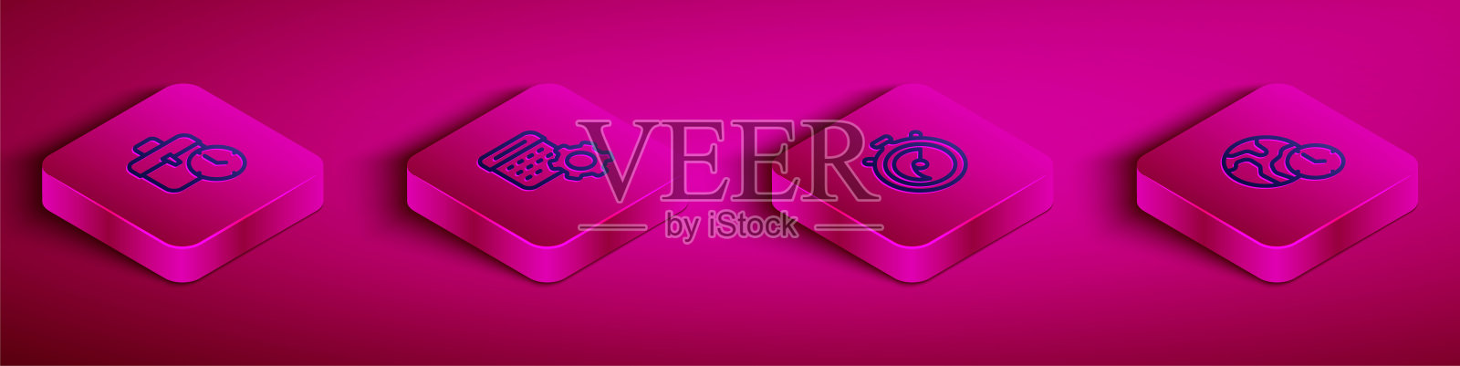 设置等距线工作时间，日历设置，秒表和世界图标。向量插画图片素材