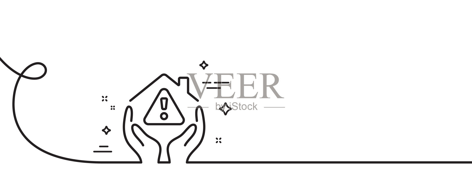 房屋保护线图标。建筑物警告标志。带旋度的连续线。向量插画图片素材