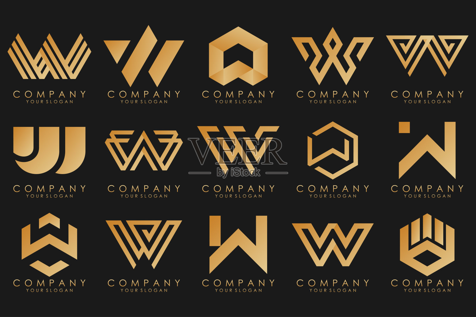 抽象集合以字母W为标志设计。创意设计标志W与金色。插画图片素材