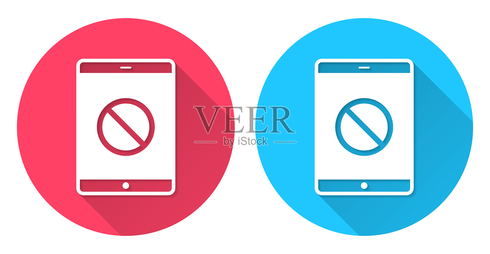 没有符号的平板电脑。圆形图标与长阴影在红色或蓝色的背景插画图片素材