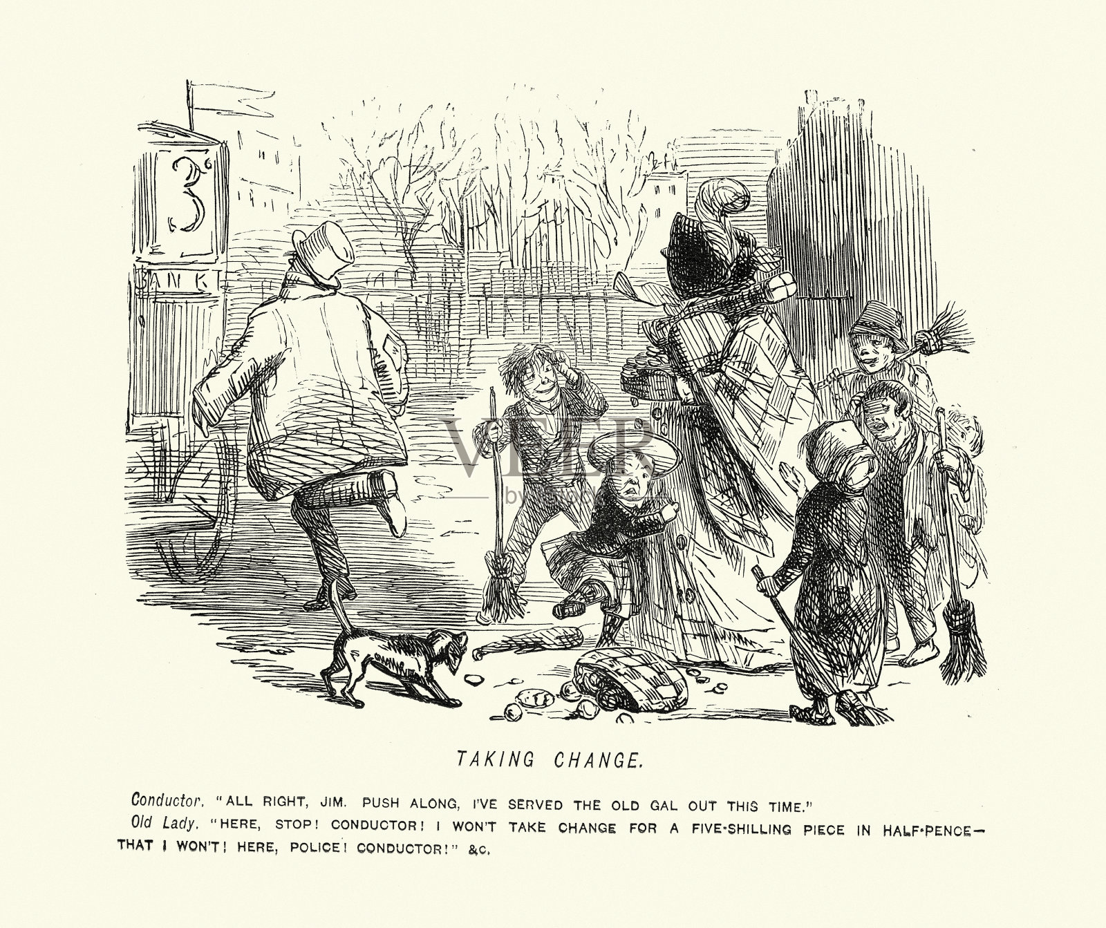 妇女被乞讨的街头儿童包围，哭泣的孩子，吠叫的狗，维多利亚时代的幽默喜剧，19世纪中期插画图片素材