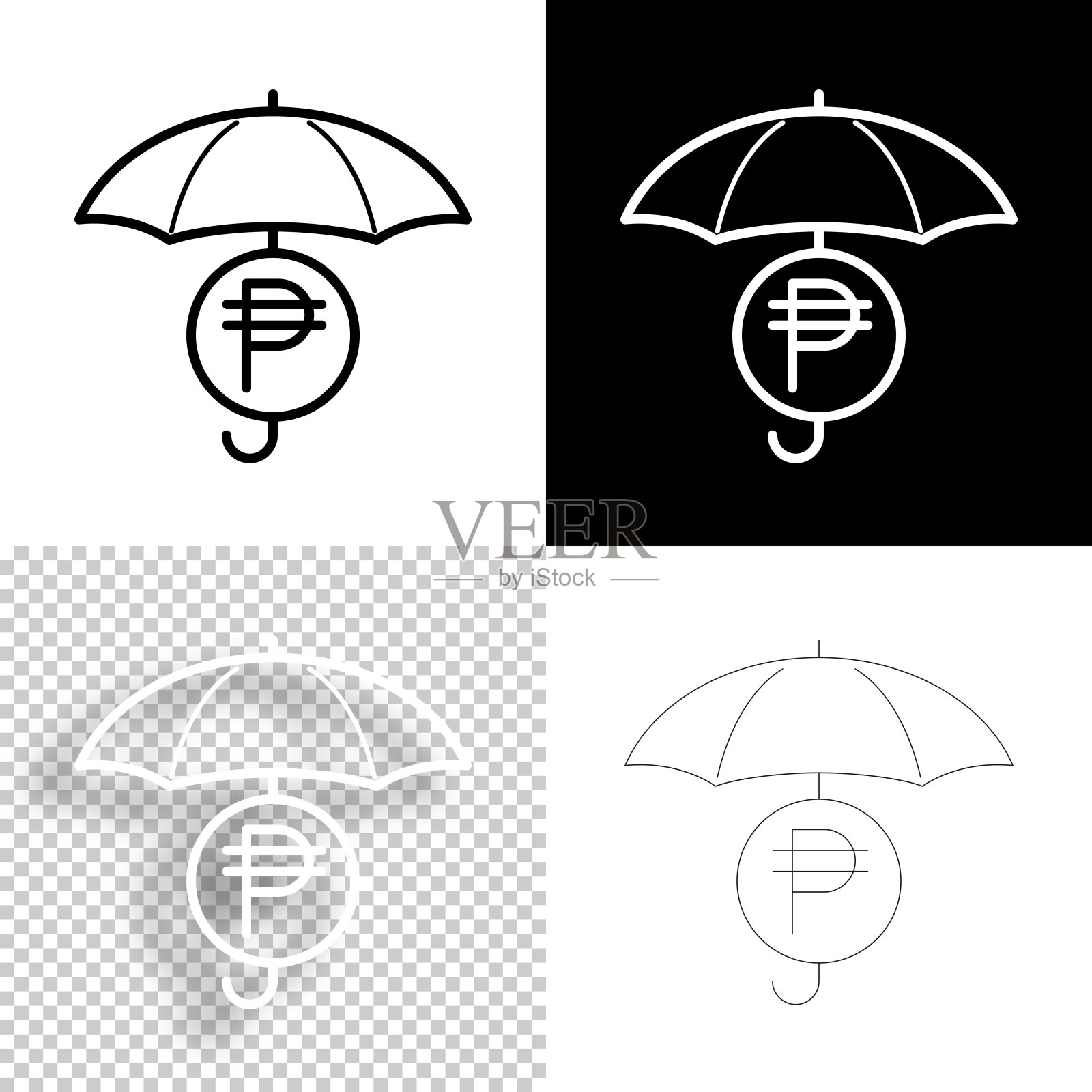伞下的比索硬币。图标设计。空白，白色和黑色背景-线图标插画图片素材