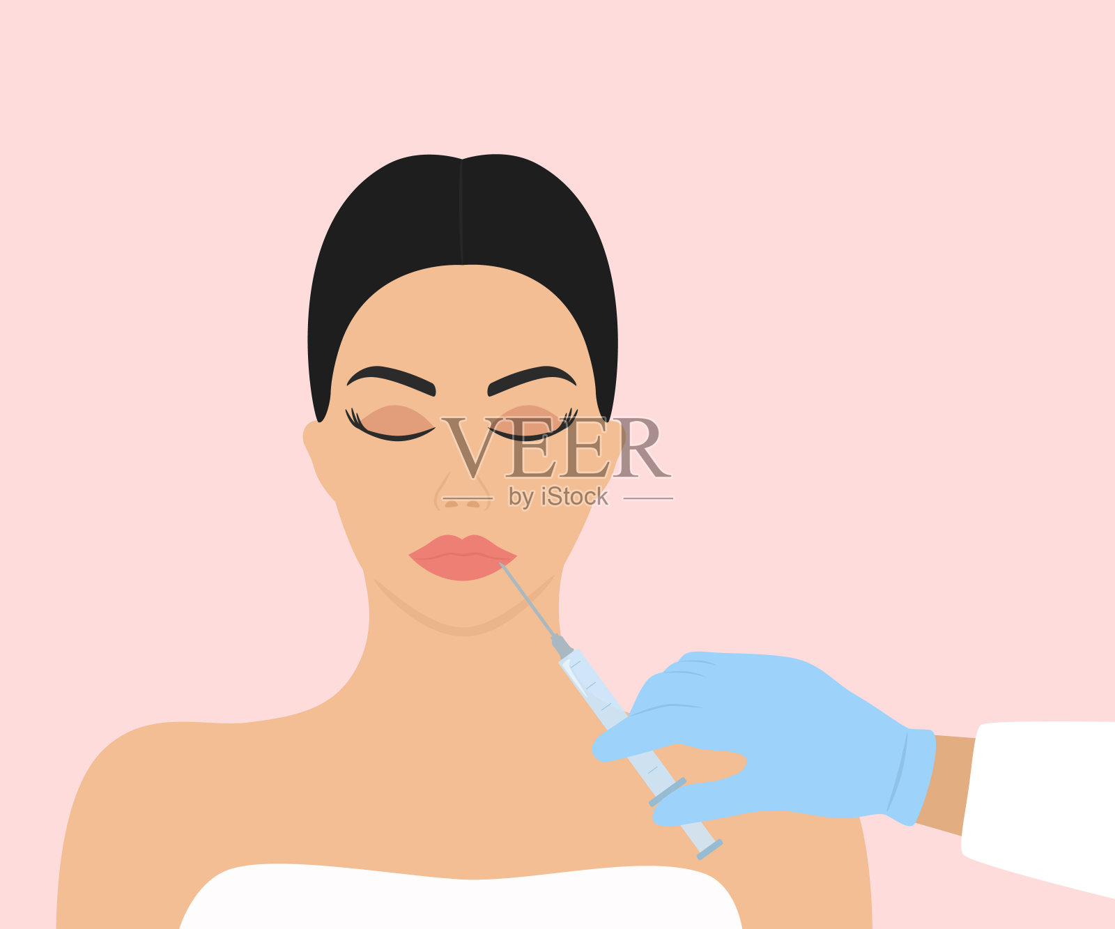 年轻女子在嘴唇上注射填充物。唇术。美容医学概念插画图片素材