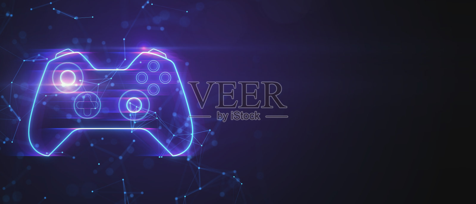 创意操纵杆或手柄全息图在模糊的紫色背景与模拟的地方。电子竞技，游戏和乐趣的概念。3 d渲染。照片摄影图片