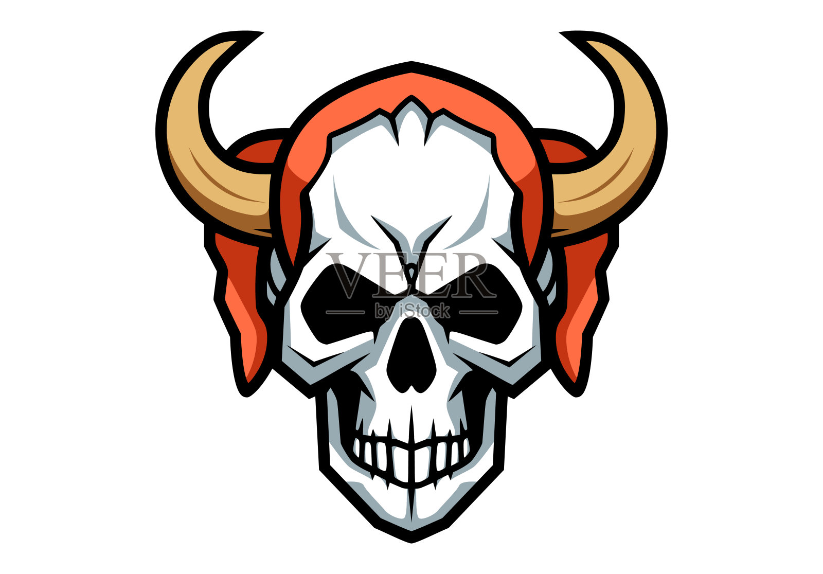 骷髅标志或有角的图标。吉祥物骷髅会徽带轮廓。插画图片素材