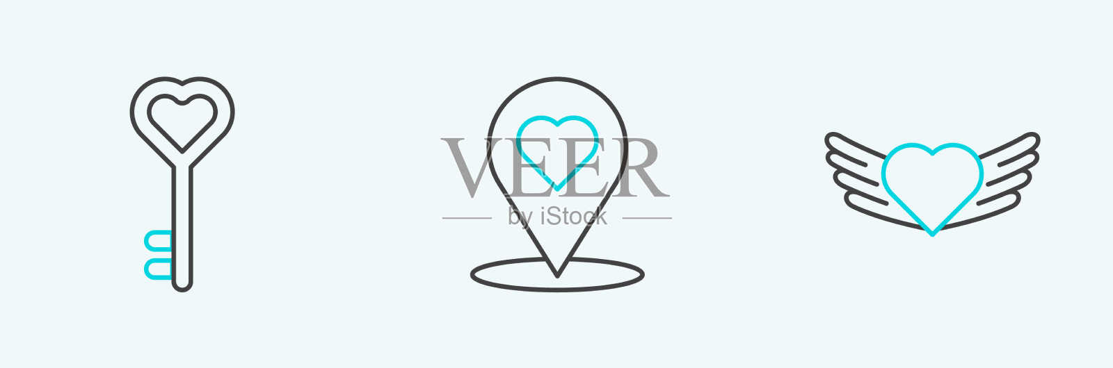 设置线心脏与翅膀关键心脏形状和地图插画图片素材