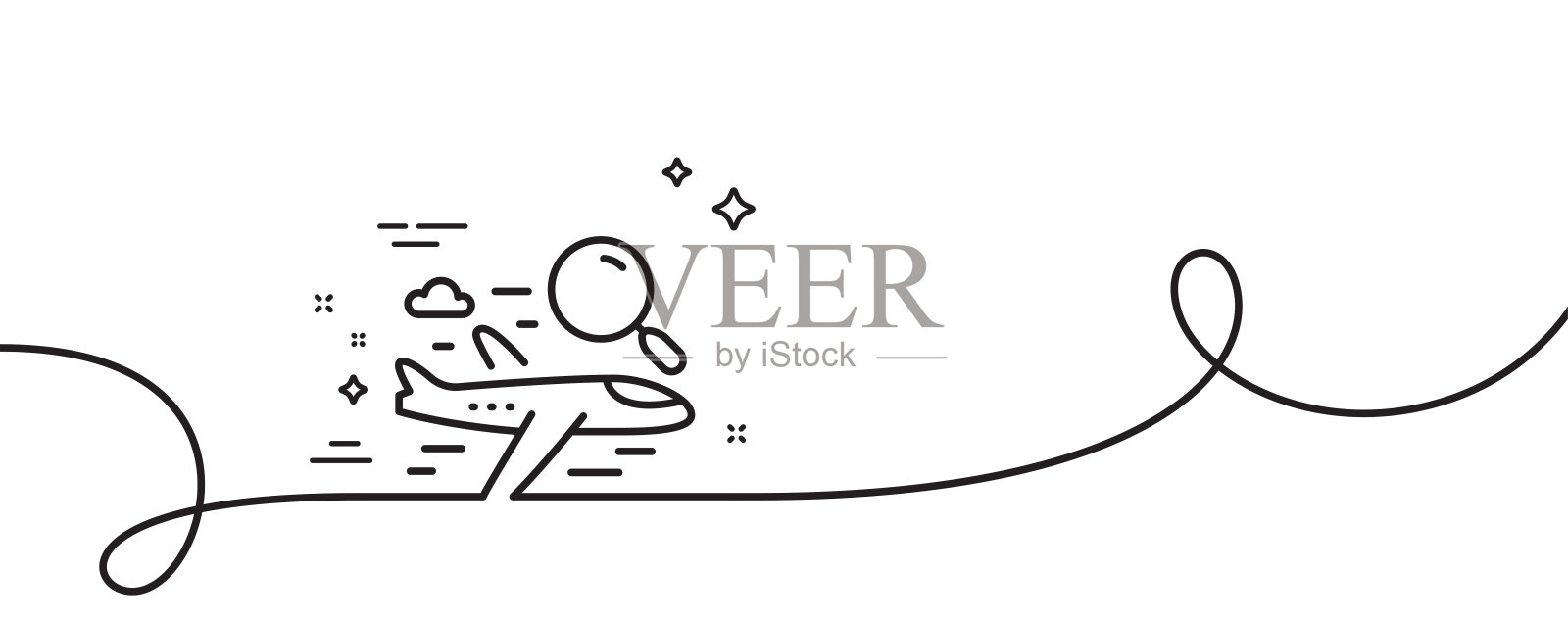 搜索航线图标。带有放大镜标志的飞机。带旋度的连续线。向量插画图片素材