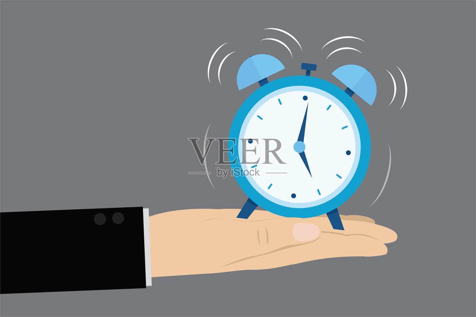 商人手里拿着闹钟。截止日期，时间管理的概念横幅，文字的地方。响钟。倒计时，时间控制，计划。商业策略。插画图片素材