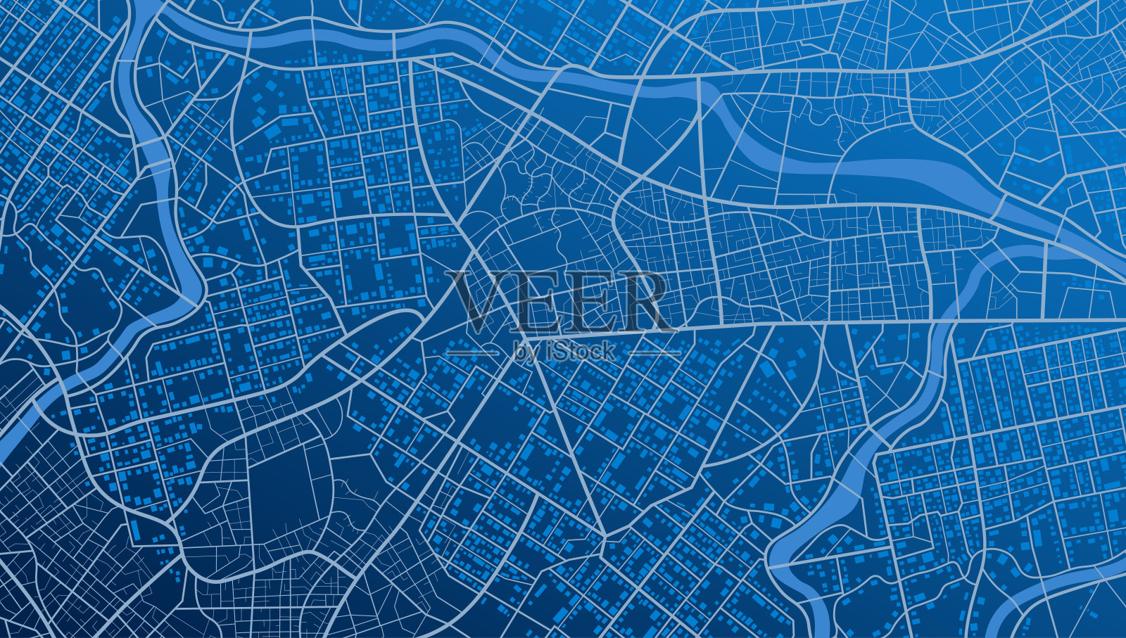 蓝色城市区域，背景地图，街道。天际线城市全景。制图说明。宽屏比例，数字平面设计的街道地图。矢量城市俯视图。从地图上方看插画图片素材