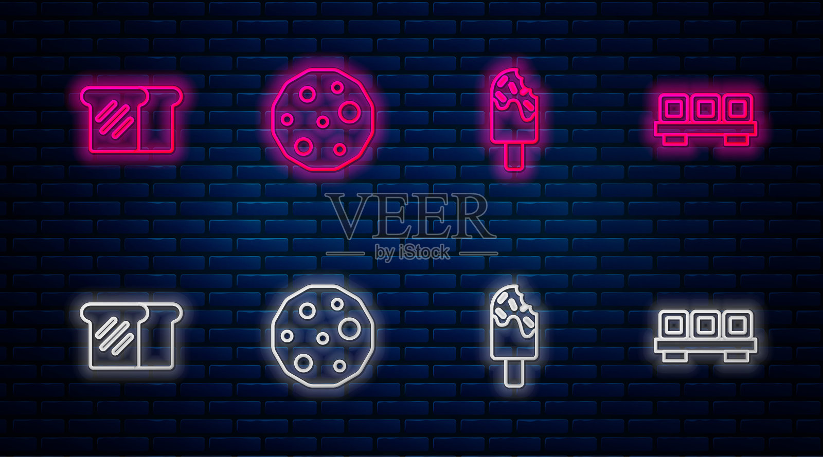 将饼干或饼干、冰淇淋、面包、烤面包和寿司放在砧板上。砖墙上发光的霓虹灯图标。向量插画图片素材