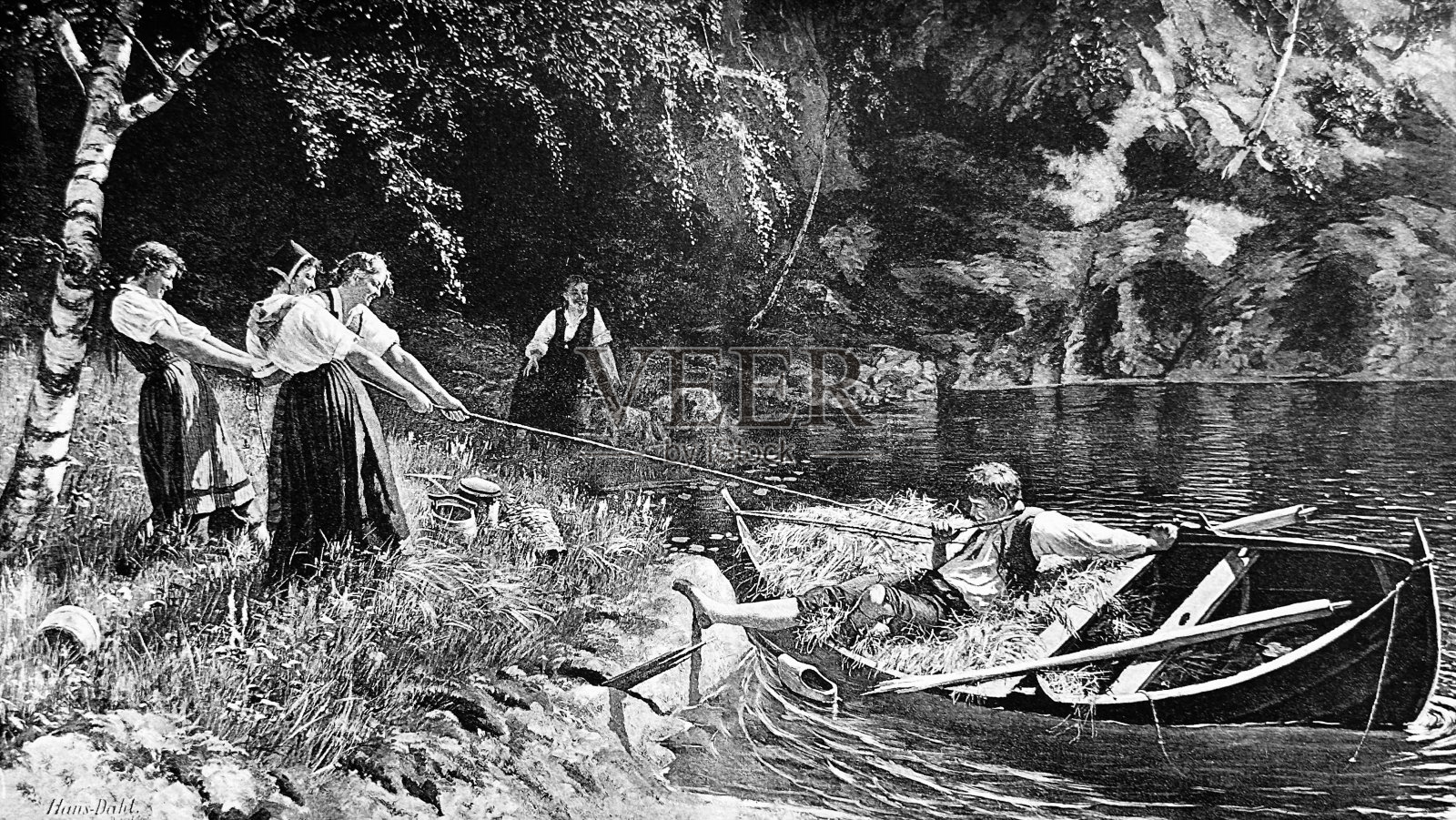 在森林中央的一个湖边:3名年轻女子用套索把一名年轻男子拉上岸，他之前睡在船上插画图片素材