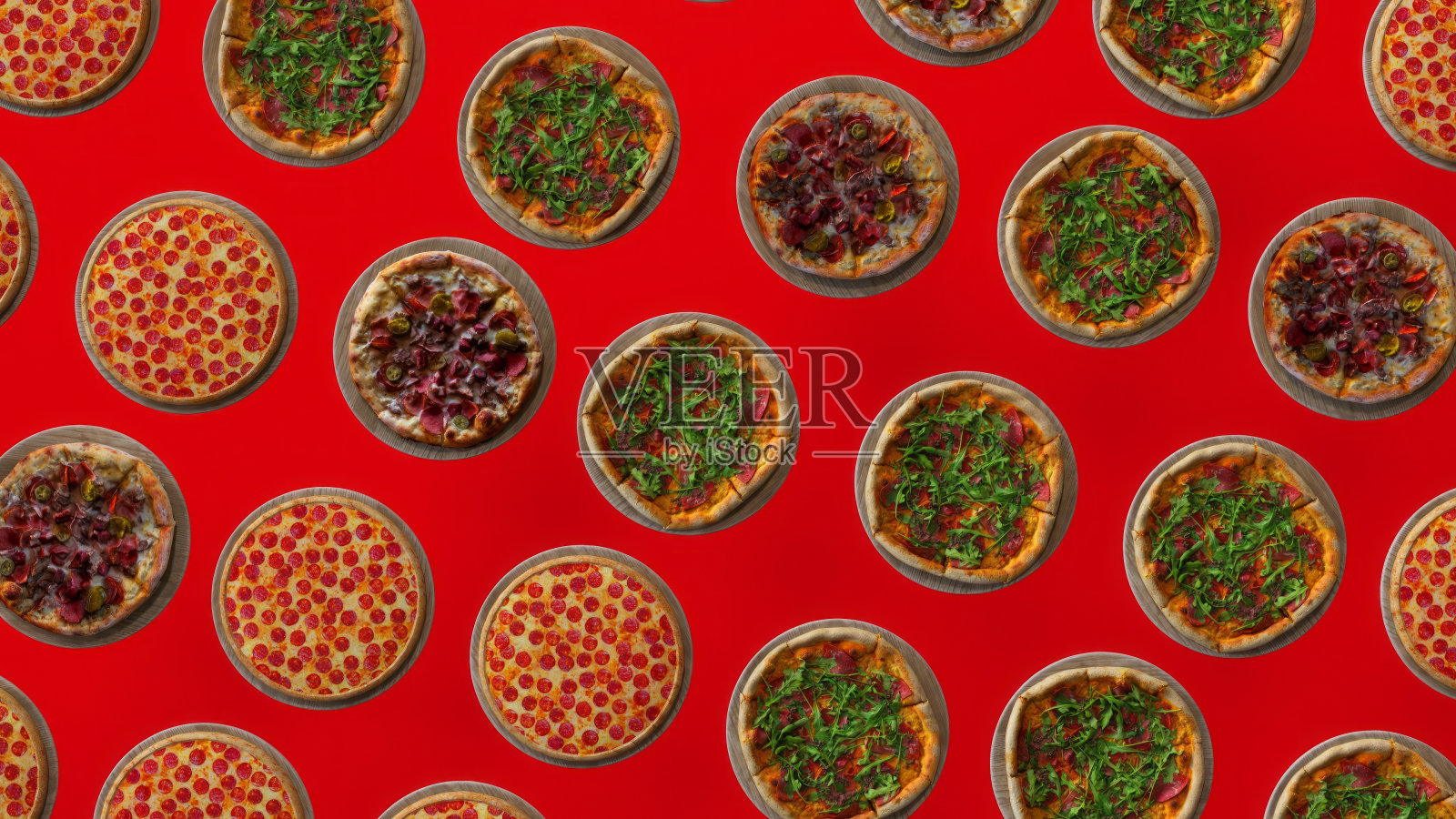 时尚的食物背景3D插图飞行许多披萨在红色的背景照片摄影图片