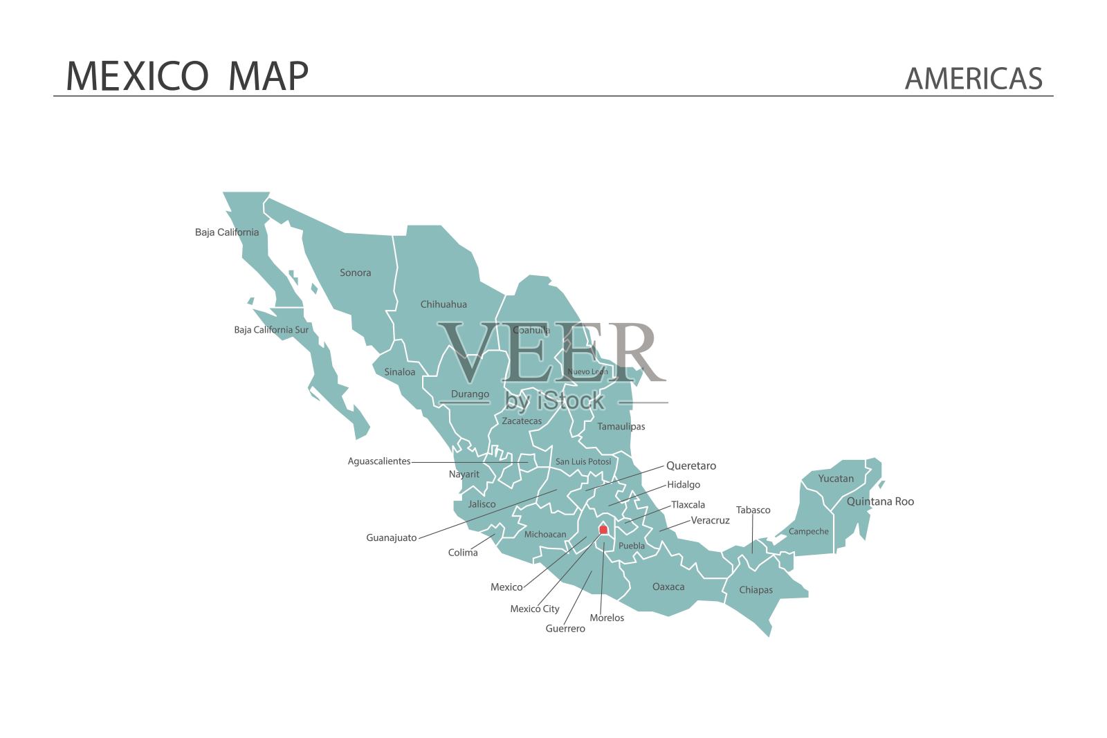 墨西哥地图矢量插图白色背景。地图上有所有的省，并标出了墨西哥的首都。插画图片素材