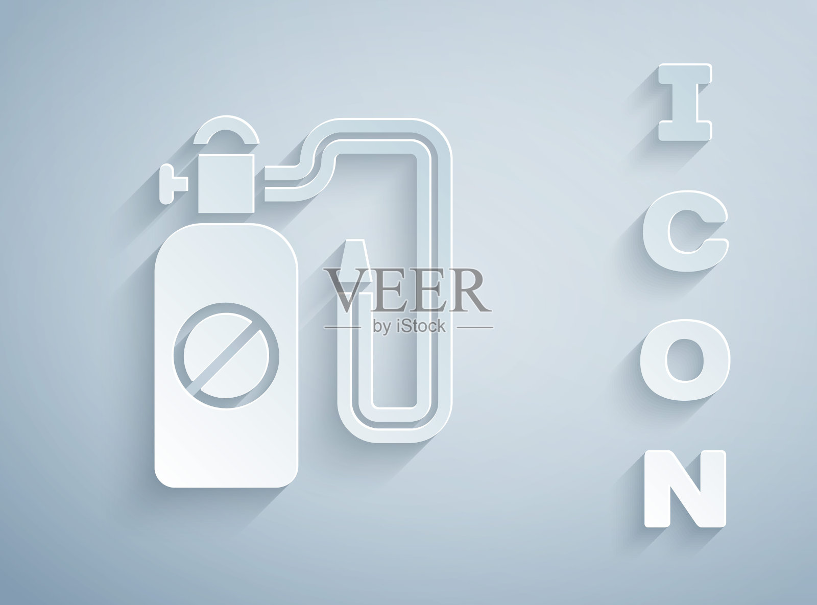 剪纸压力喷雾器灭虫图标隔离在灰色背景。防治虫鼠服务消毒剂喷雾机。纸艺风格。向量插画图片素材