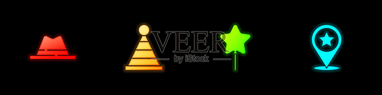 集男人帽子与丝带，派对，气球和美国独立日的图标。向量插画图片素材