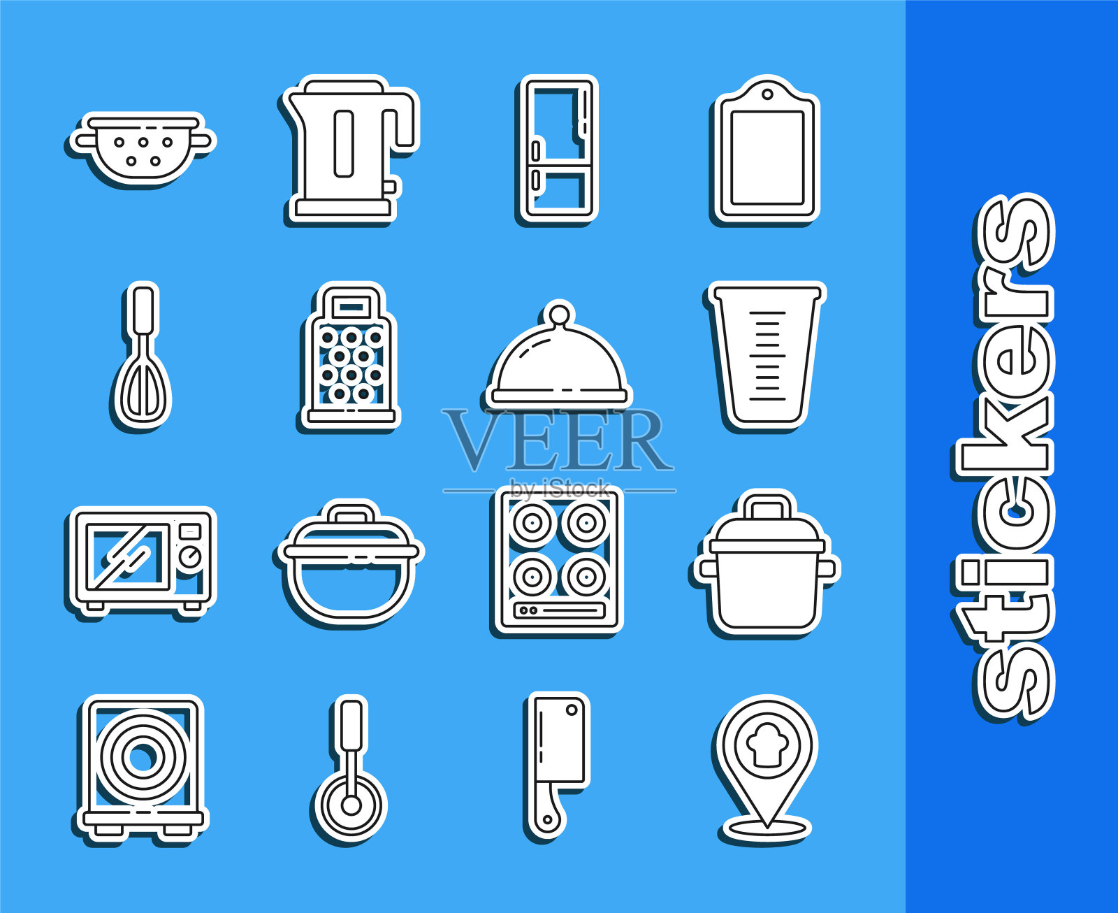 设置线厨师帽与位置，烹饪锅，量杯，冰箱，磨碎器，厨房搅拌器，漏勺和覆盖托盘的食物图标。向量插画图片素材