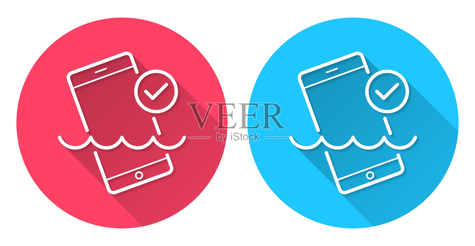 防水智能手机。圆形图标与长阴影在红色或蓝色的背景插画图片素材