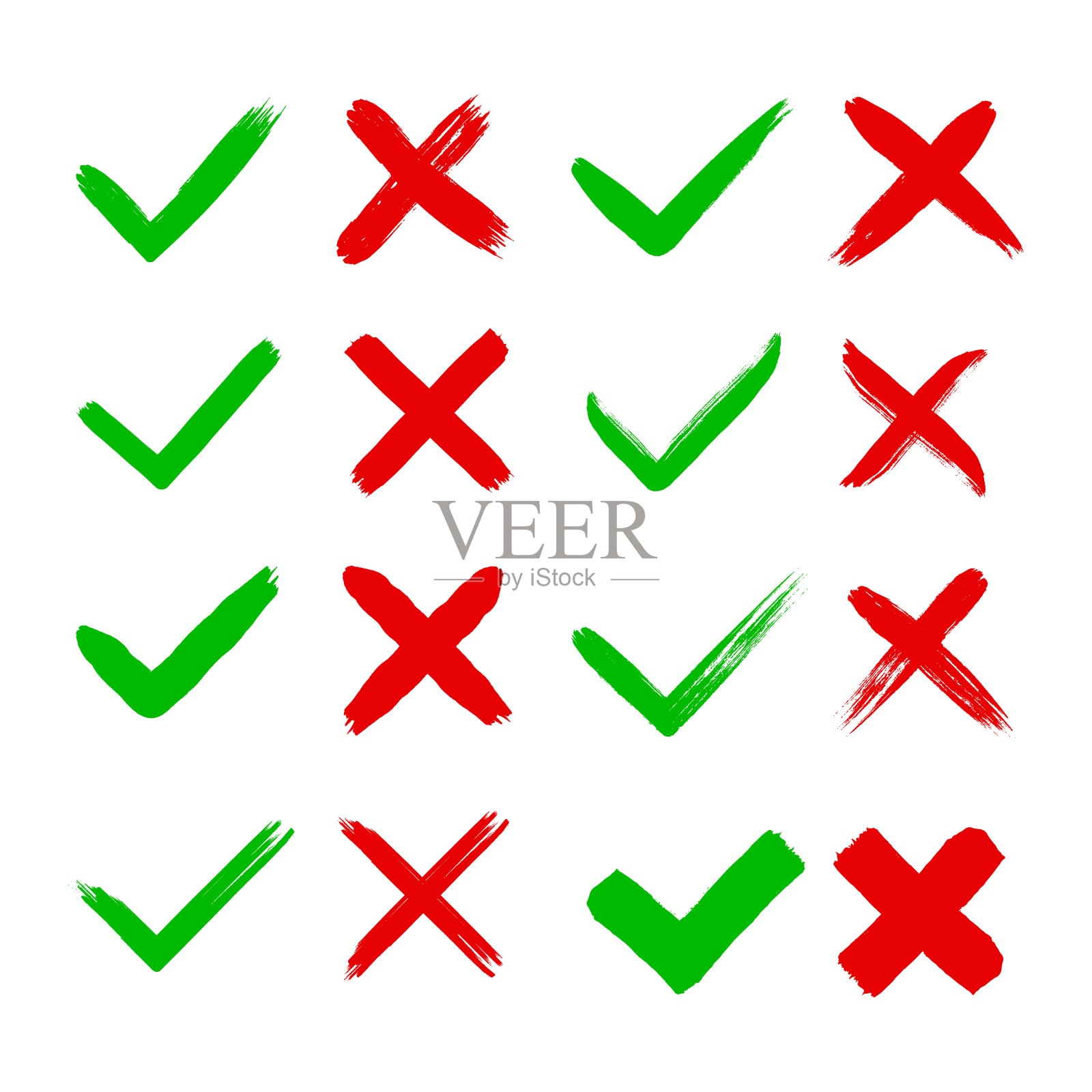 肮脏的垃圾手绘与笔触交叉X和勾选OK勾选标记V矢量插图集插画图片素材
