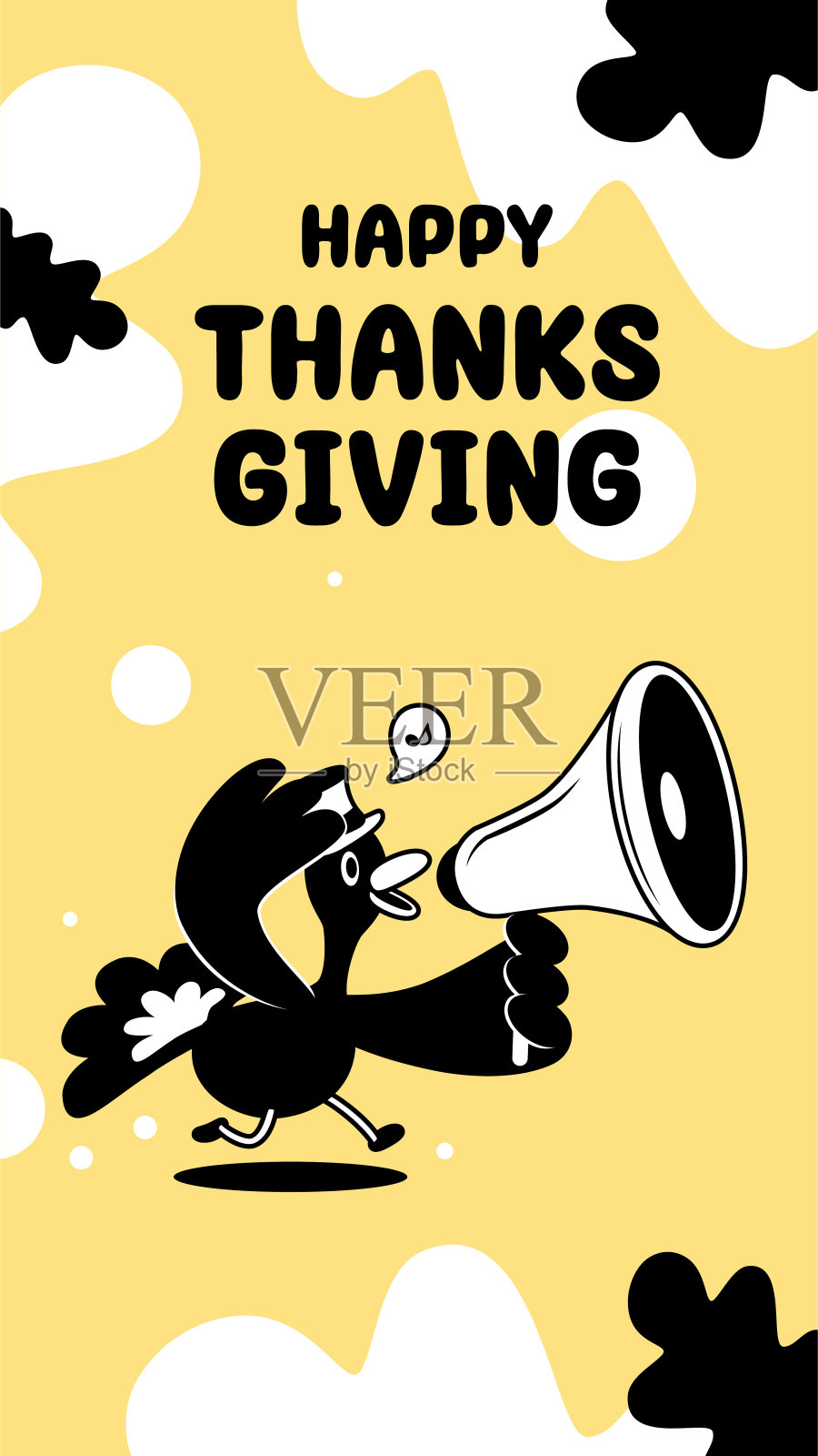 可爱的单色设计，一只戴着大礼帽的奔跑的火鸡在感恩节通过扬声器宣布插画图片素材