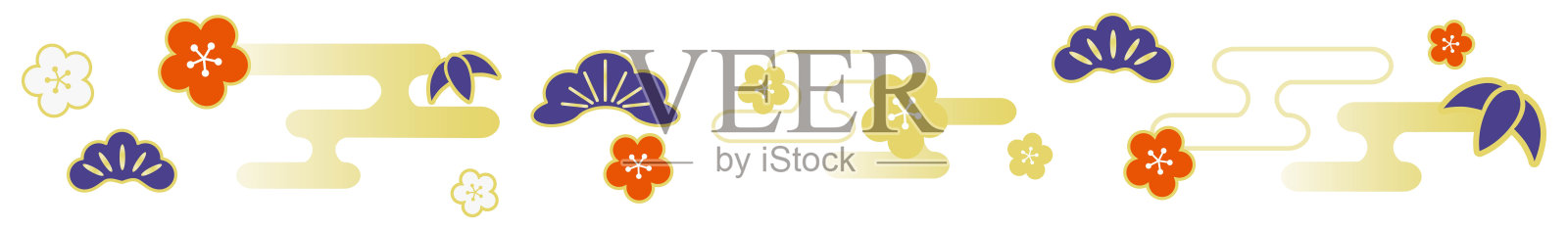 日本画框边框的松、竹、梅、云插画。插画图片素材