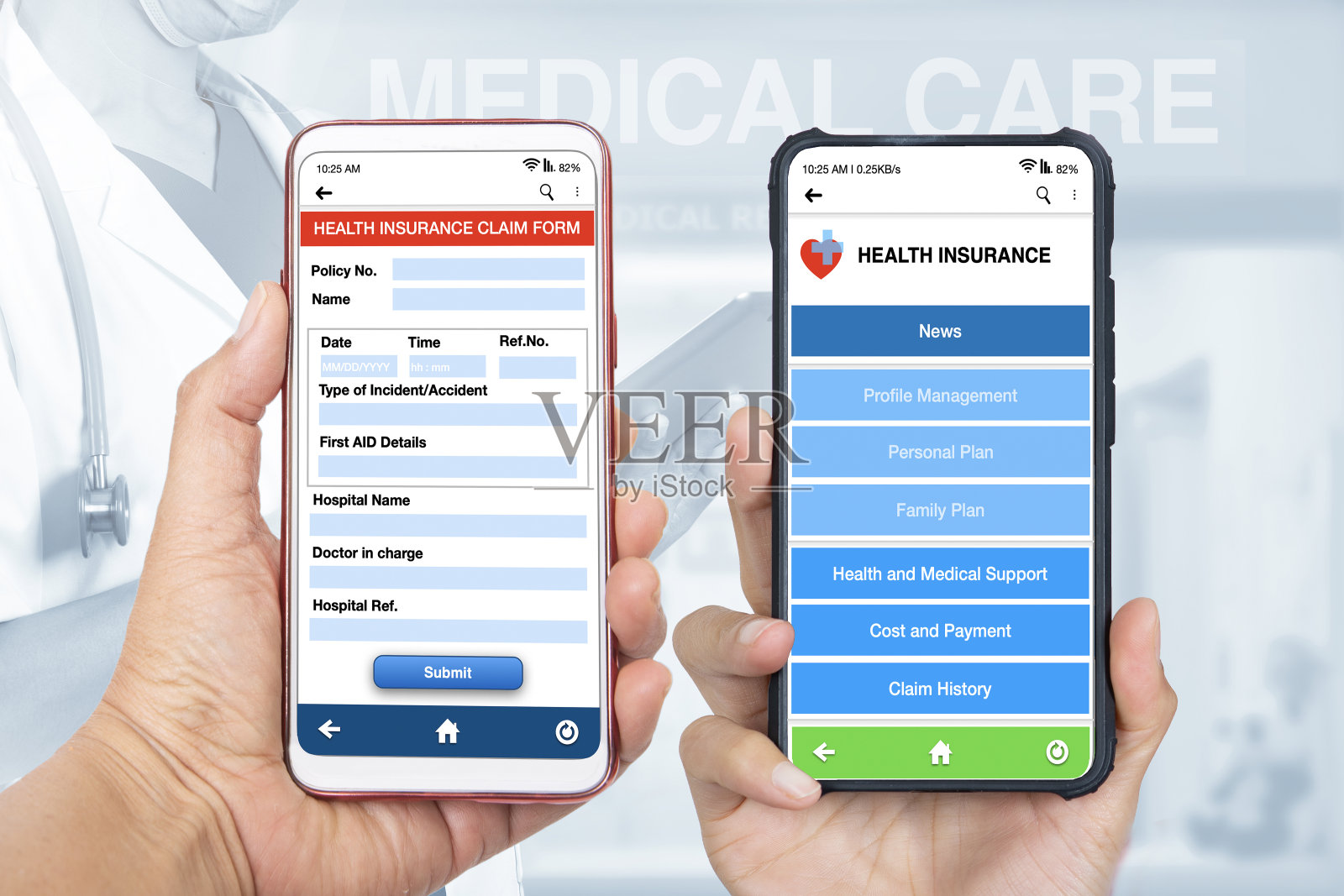 电子健康保险移动应用程序。照片摄影图片