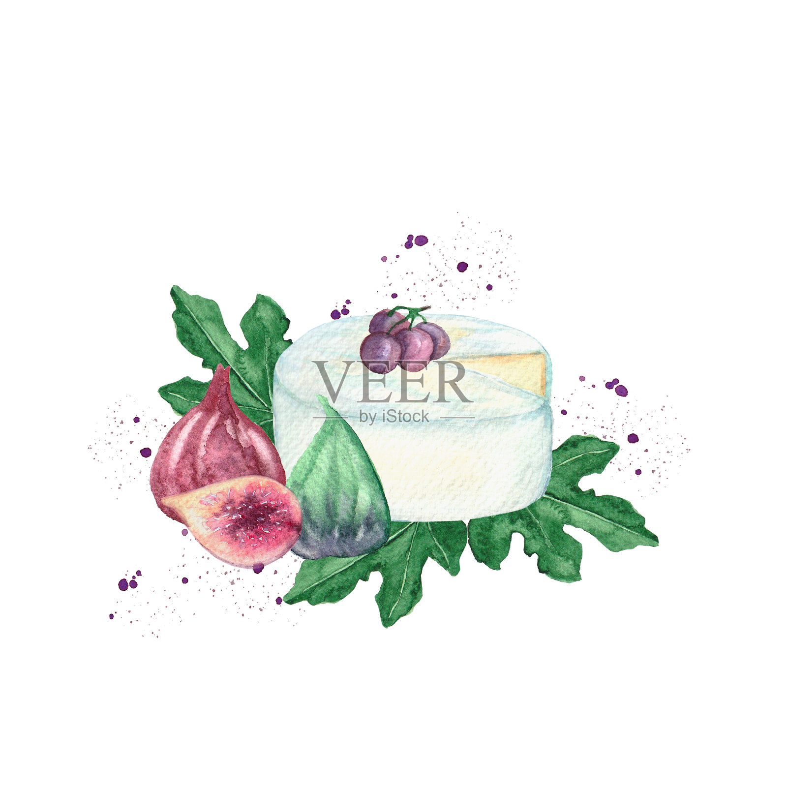 水彩奶酪剪贴画，葡萄酒开胃菜。布里干酪配葡萄和无花果。烹饪剪贴画，烹饪书插图，厨具，标志，模板，传单，贴纸，配方，食物剪贴画插画图片素材
