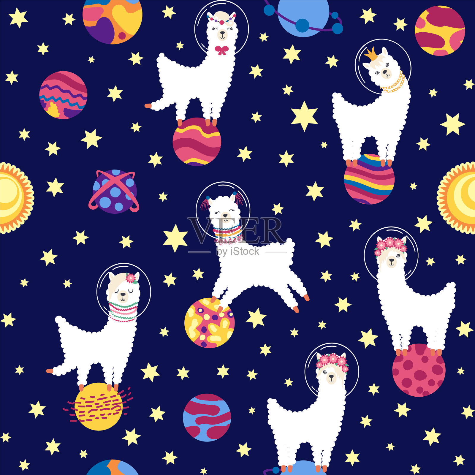 在太空中的火箭上有喇嘛的无缝图案插画图片素材