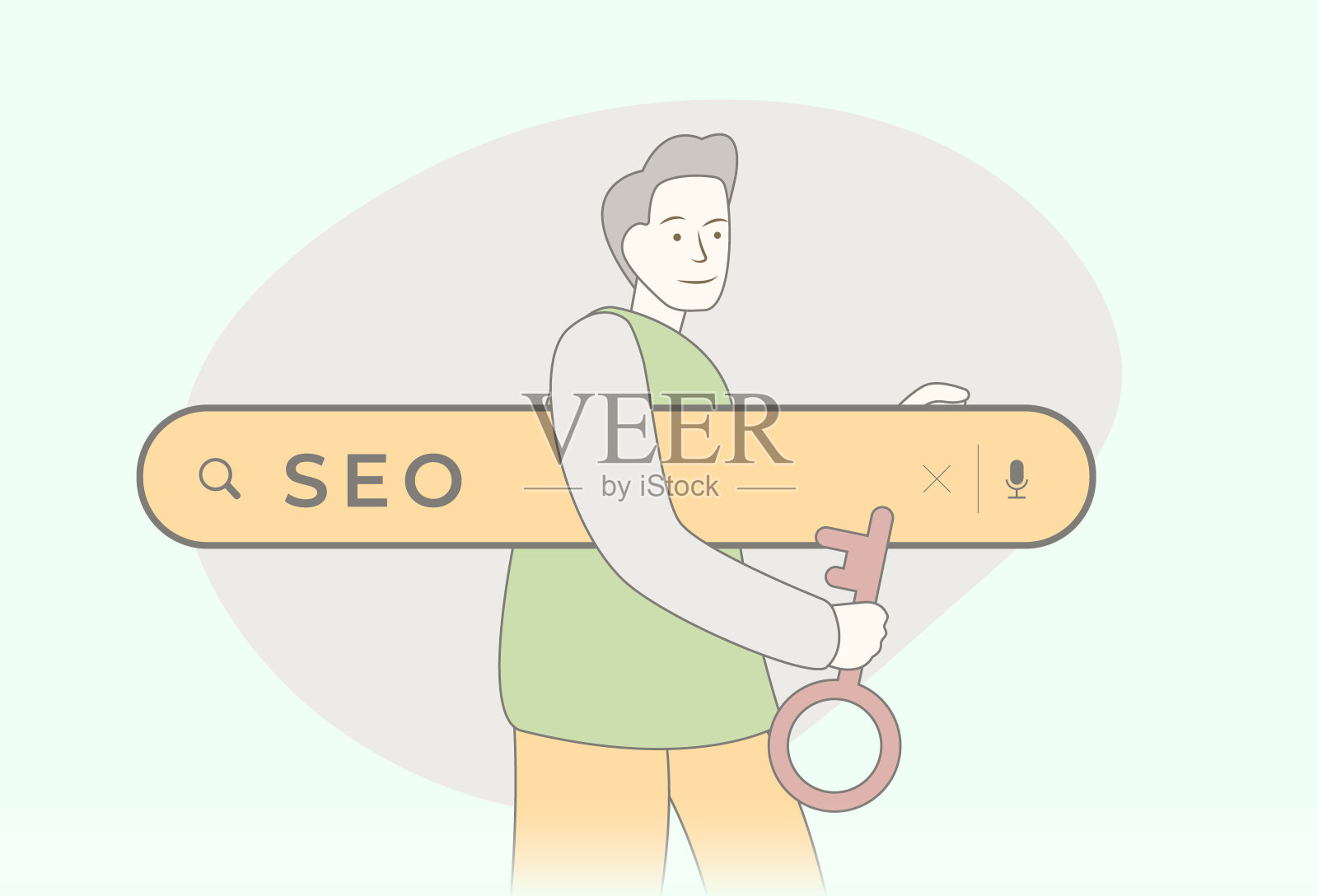 SEO -搜索引擎优化的概念。提高质量和数量的流量网站从搜索引擎。手绘风格的seo专家拿着搜索栏在他的手臂和钥匙在他的手中插画图片素材