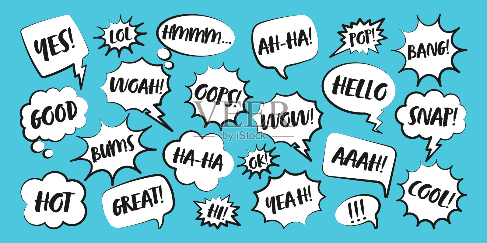 带有手写文本的滑稽演讲气泡。大纲，手绘复古卡通贴纸在蓝色的背景。聊天和交流，对话元素。波普艺术风格。矢量图插画图片素材