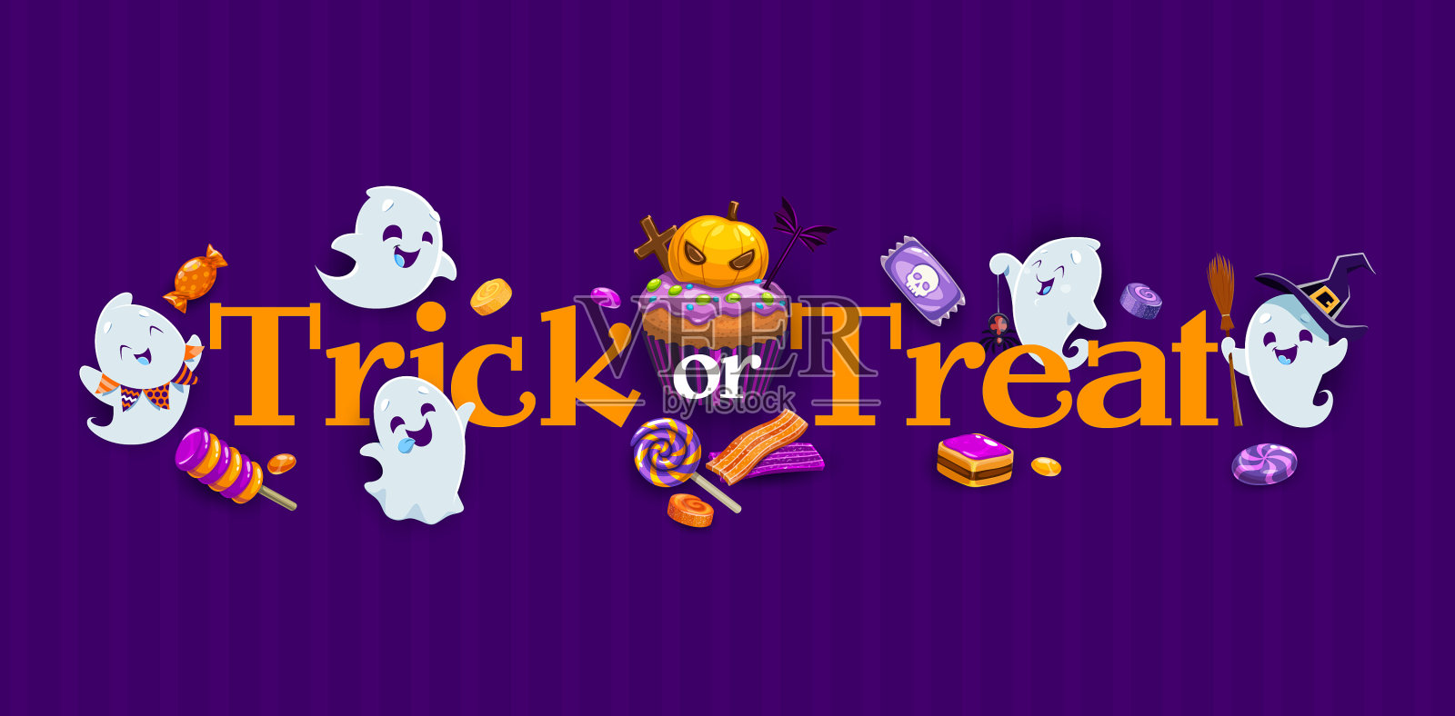 万圣节卡哇伊鬼不给糖就捣蛋的横幅插画图片素材