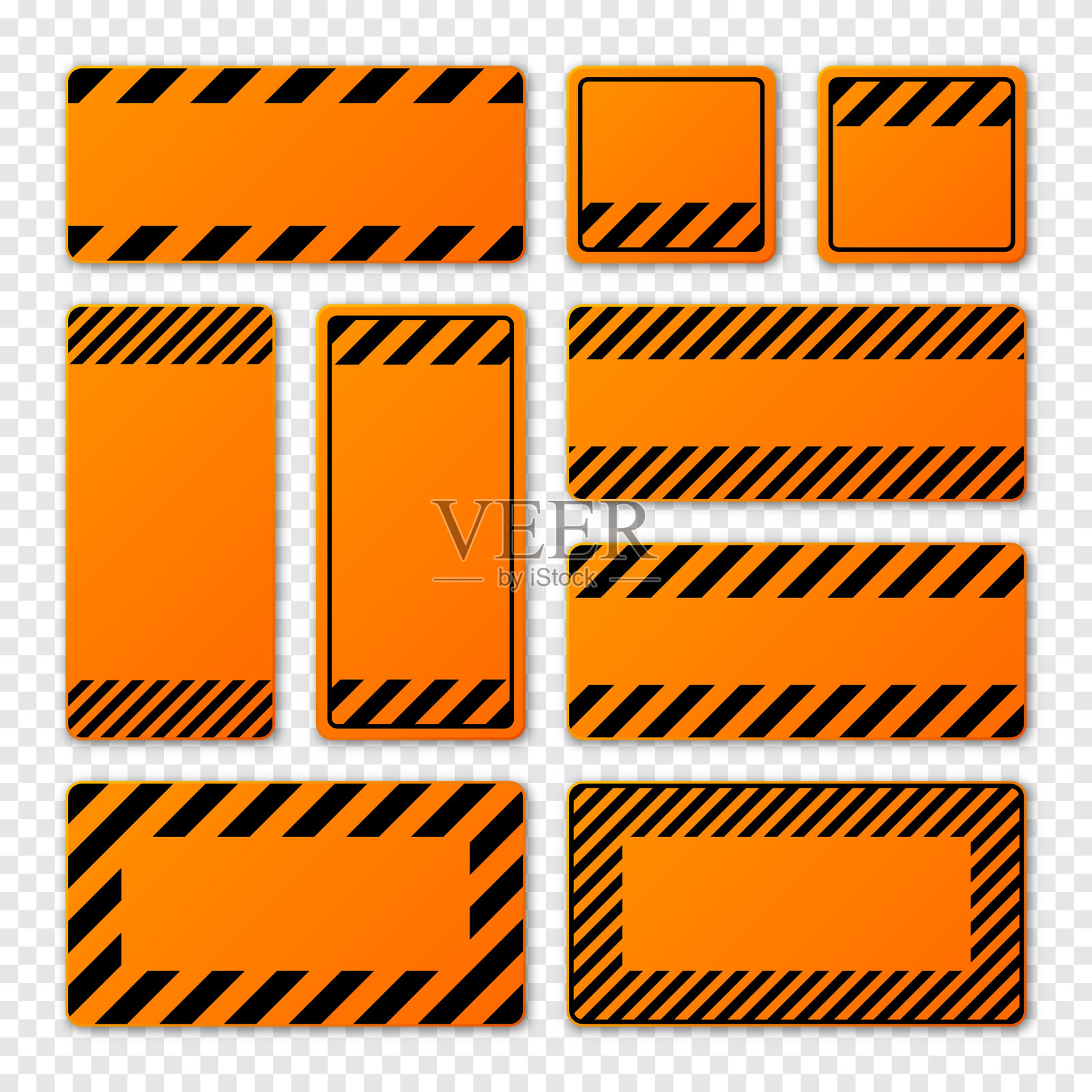各种空白橙色对角线警告标志。注意、危险或警告标志、施工现场标志。实事告示牌、警示牌、路牌。矢量图插画图片素材
