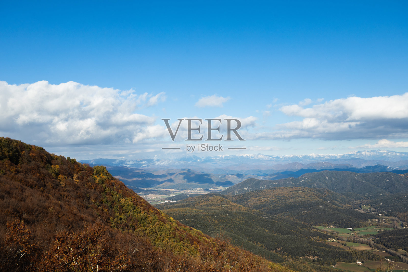 红色森林的景观与雪山为背景，加泰罗尼亚的冬天，西班牙照片摄影图片