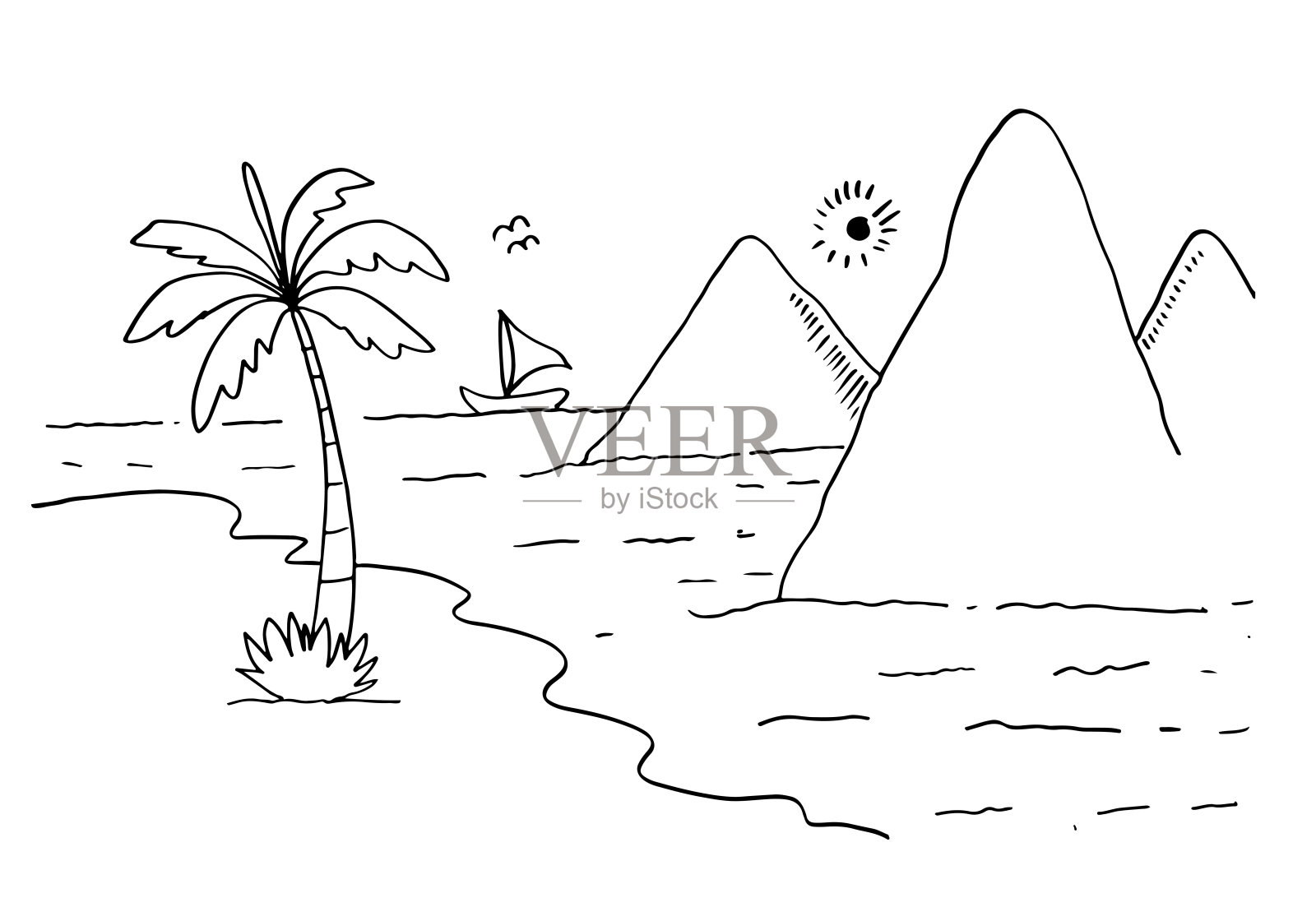 儿童涂色页：海滩黑白风景素描插画矢量图插画图片素材