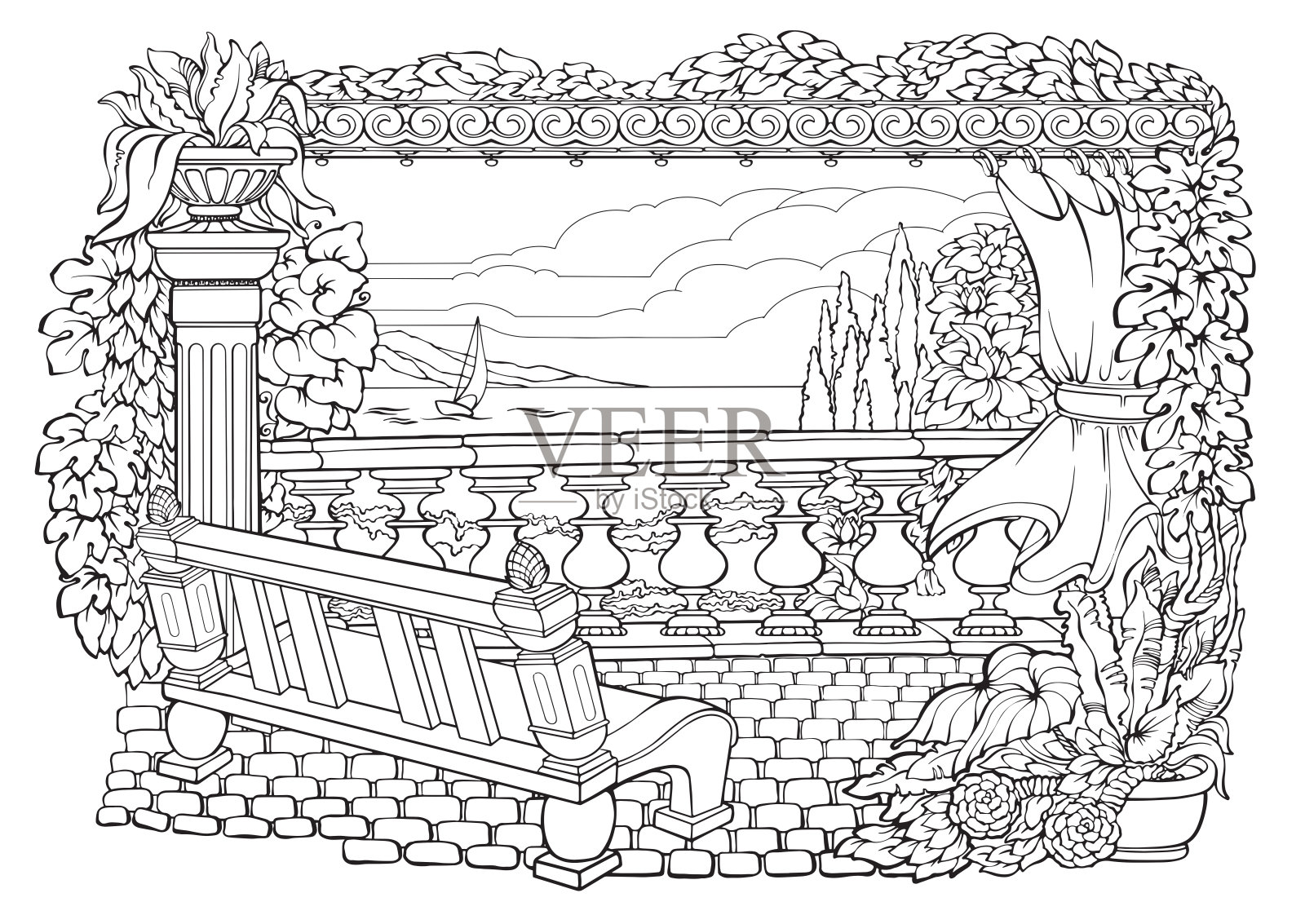 带长凳的露台，栏杆，景观花园。着色页面。向量。插画图片素材