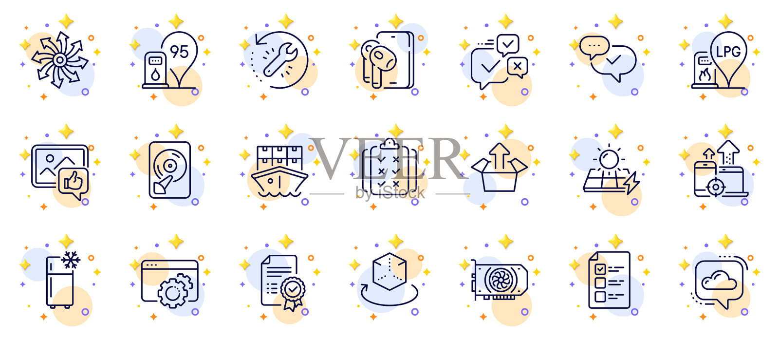 勾勒出一套耳机、冰箱和云插画图片素材