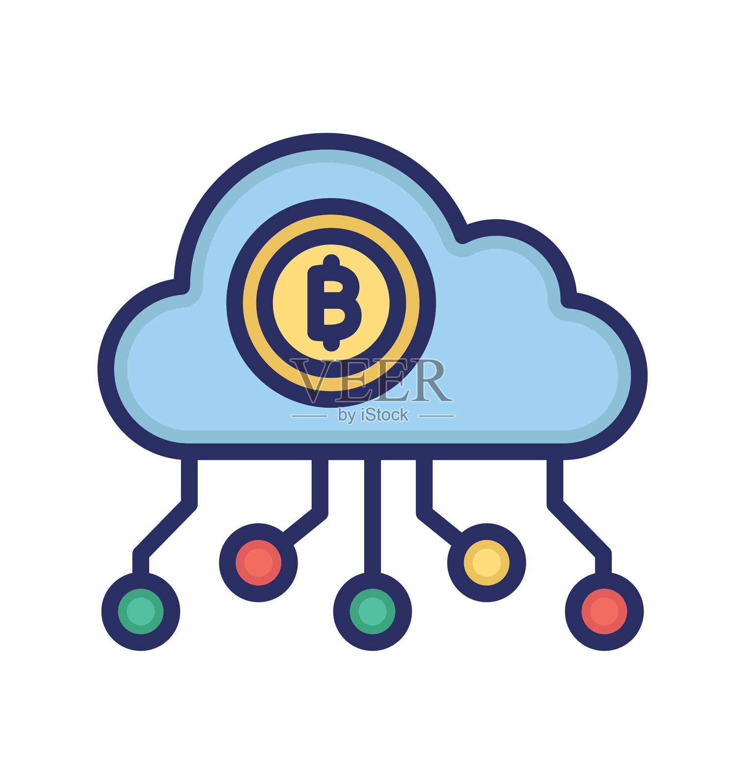 比特币云，比特币云挖矿，比特币网络，云挖矿完全可编辑矢量图标插画图片素材