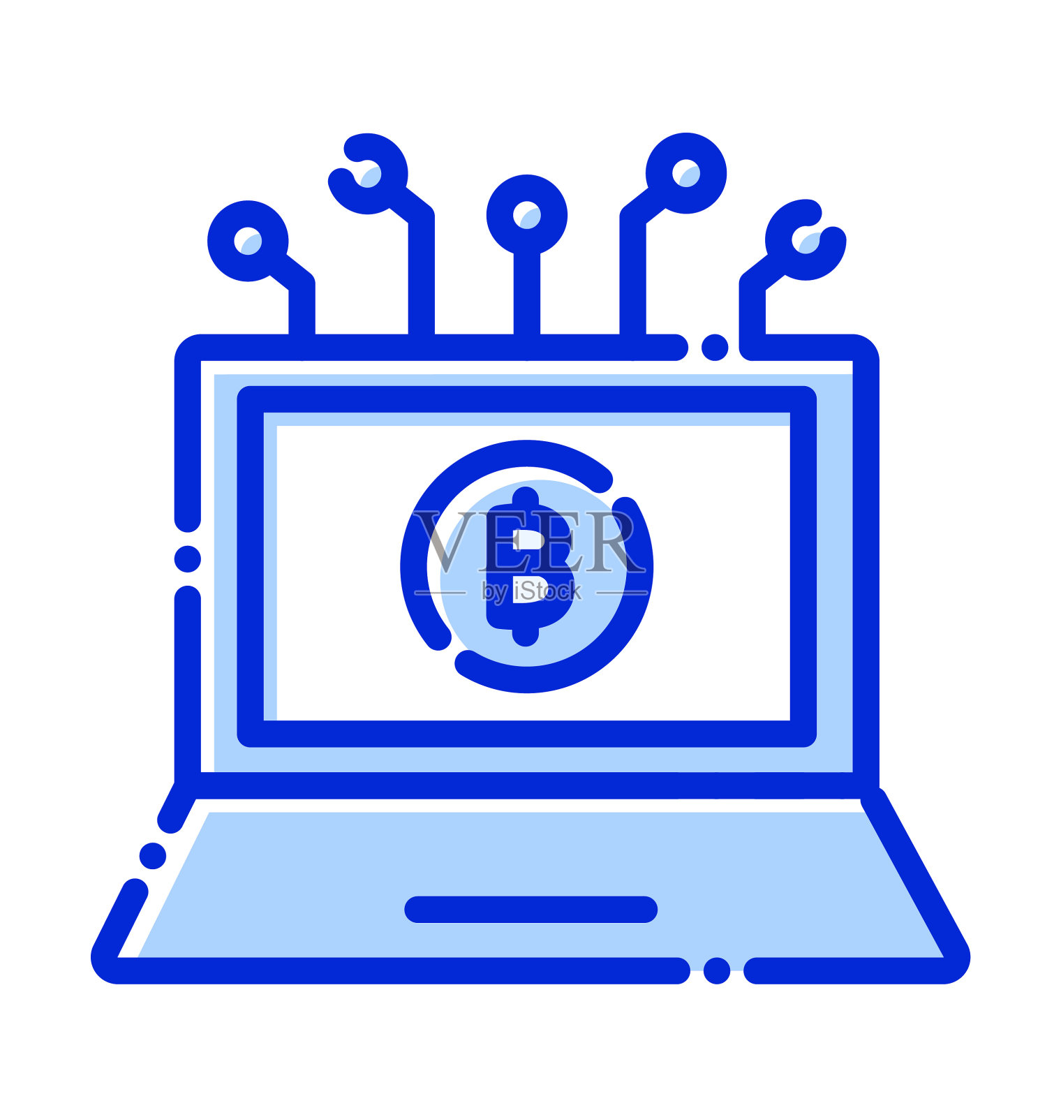 数字货币，媒介交换，在线交换，笔记本电脑完全可编辑的矢量图标插画图片素材