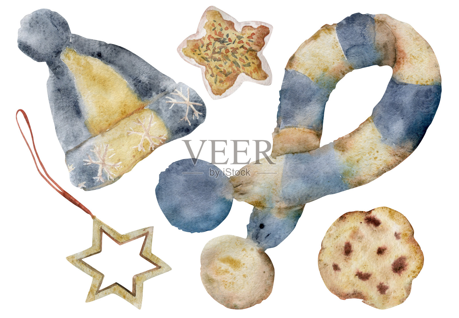手绘水彩插图。羊毛条纹蓝靛蓝米色针织围巾，帽子，自制饼干和装饰品。在白色背景上孤立的构图。用于商店，标志，印刷品，纸张，卡片插画图片素材
