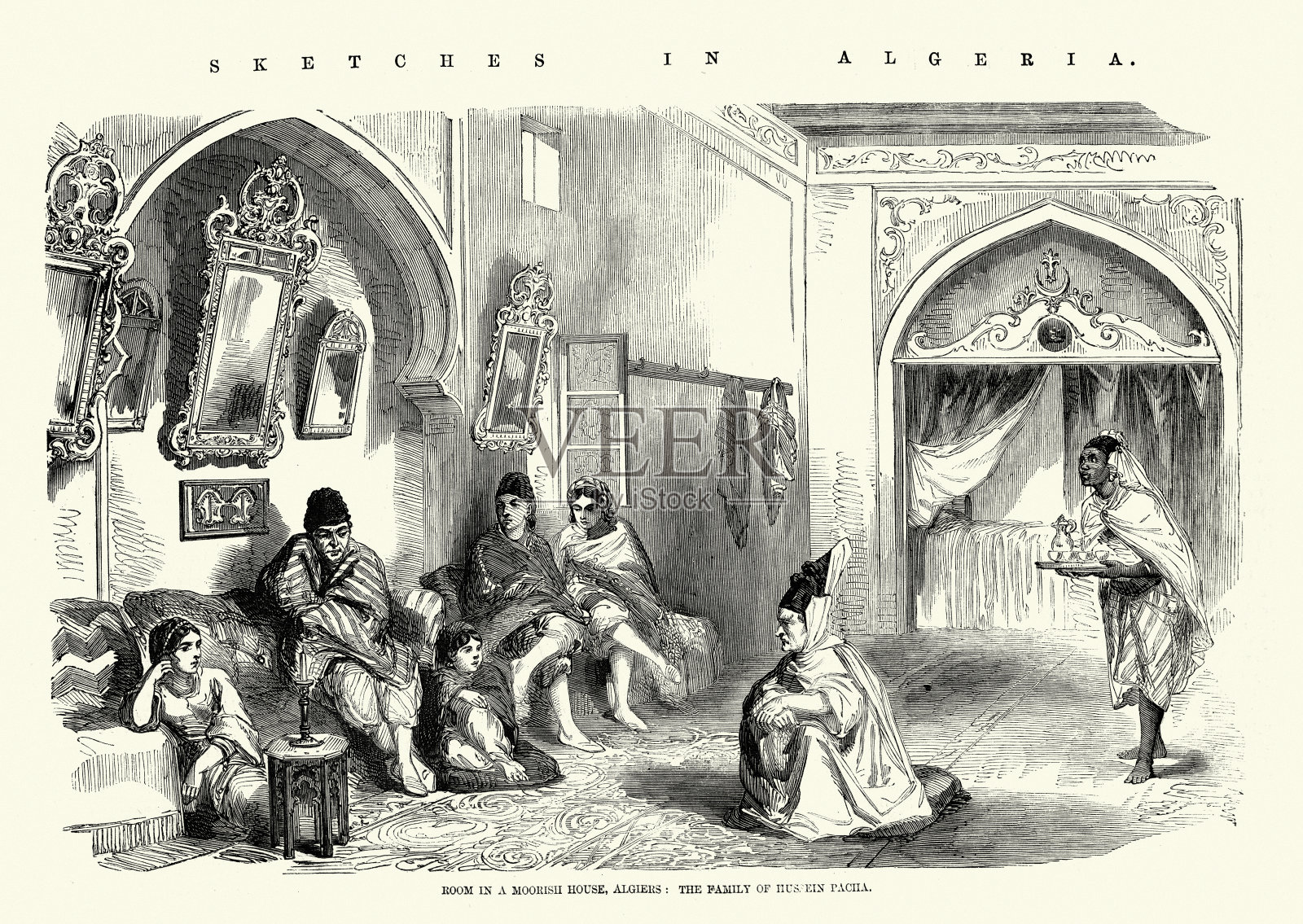 阿尔及利亚的素描，摩尔人房子的房间，阿尔及尔，侯赛因·帕查家族，维多利亚时代，19世纪50年代插画图片素材